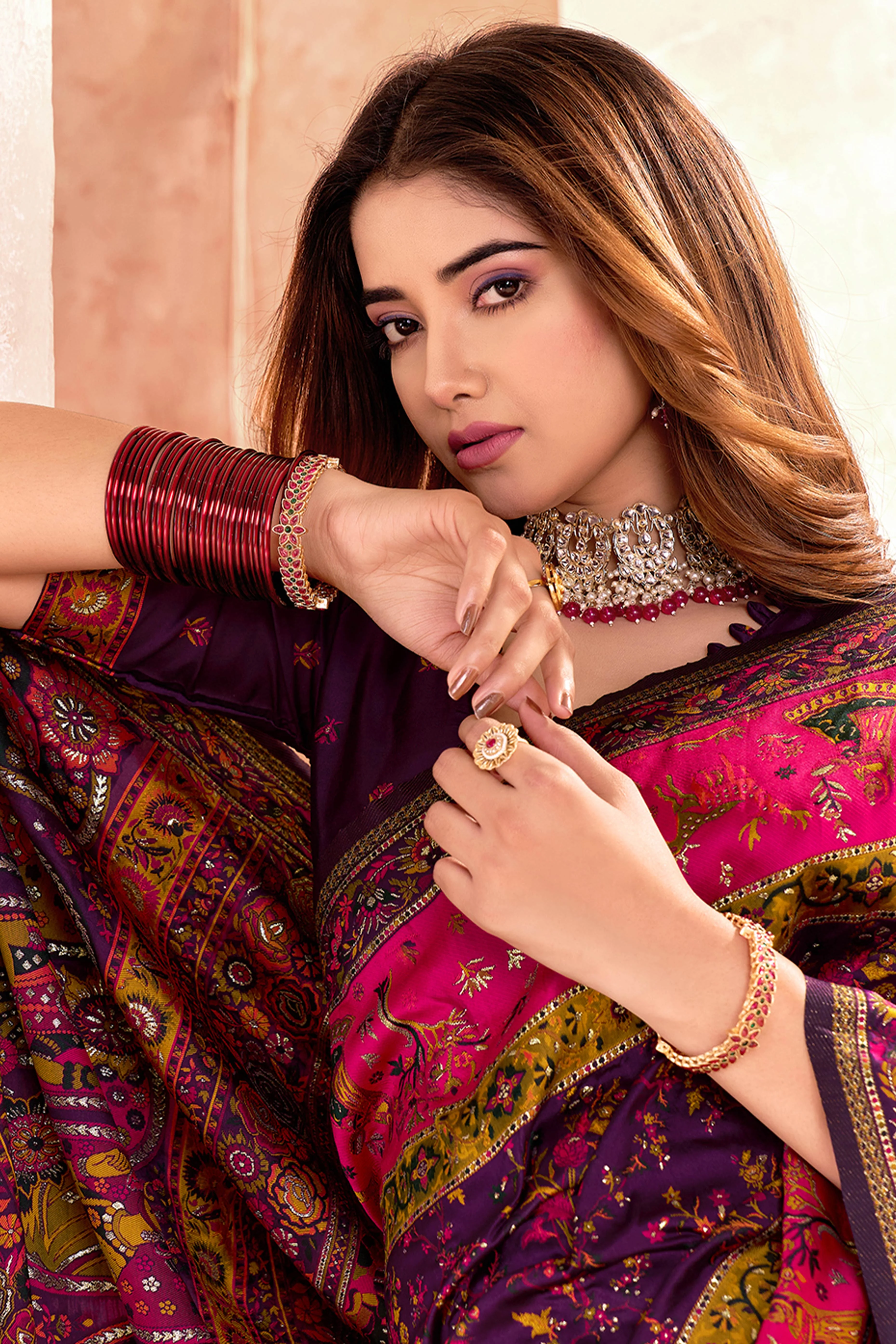 Traditional Wine Rajwadi Weaving Pashmina Silk Saree With Kashmiri Pallu & Elegant Zari Border - Image 7