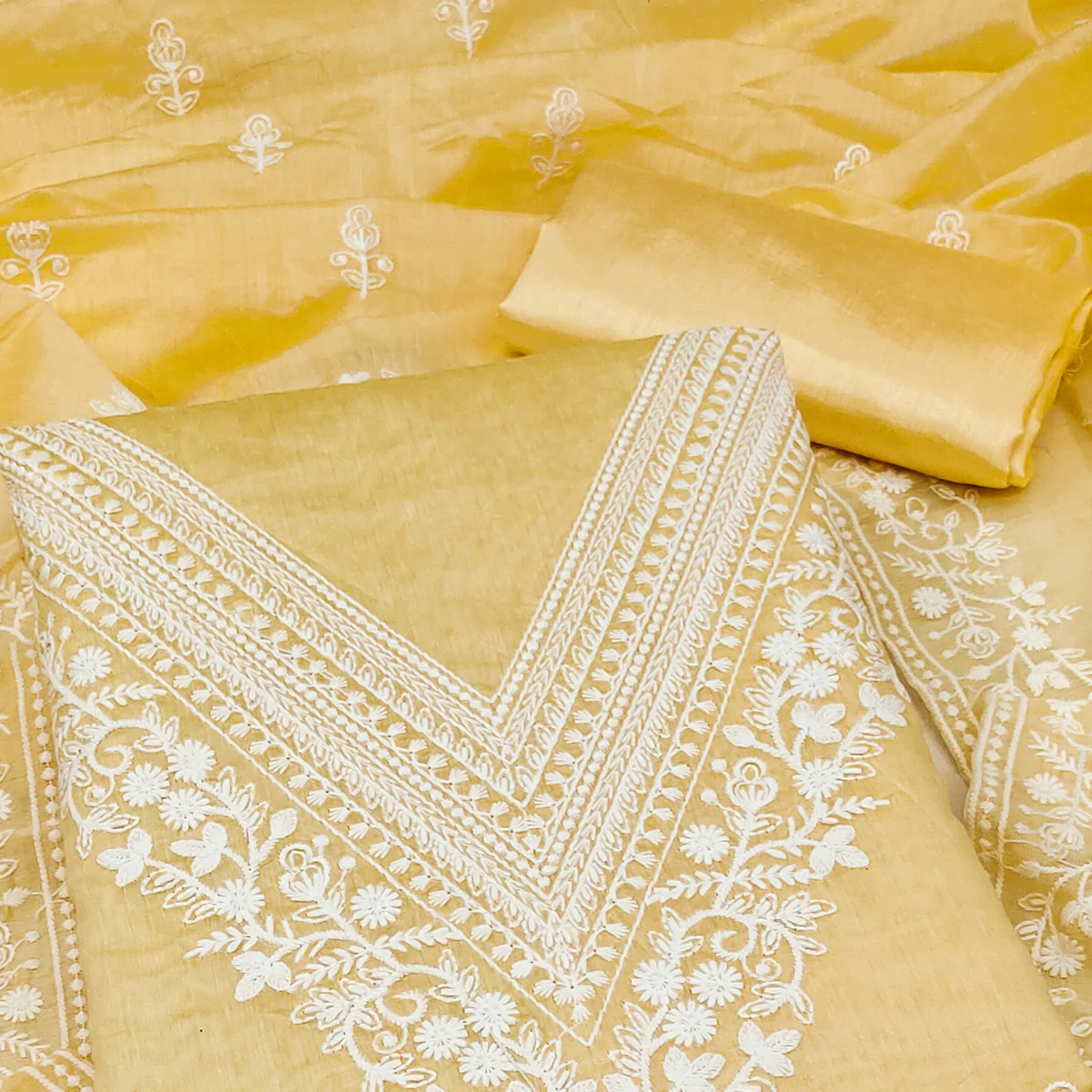 Traditional Yellow Chanderi Silk Suit Fabric with Embroidered Floral Patterns - Image 2
