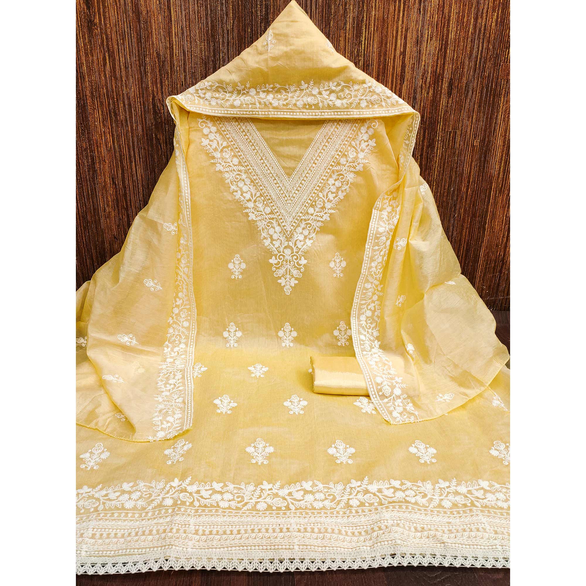 Traditional Yellow Chanderi Silk Suit Fabric with Embroidered Floral Patterns - Image 3