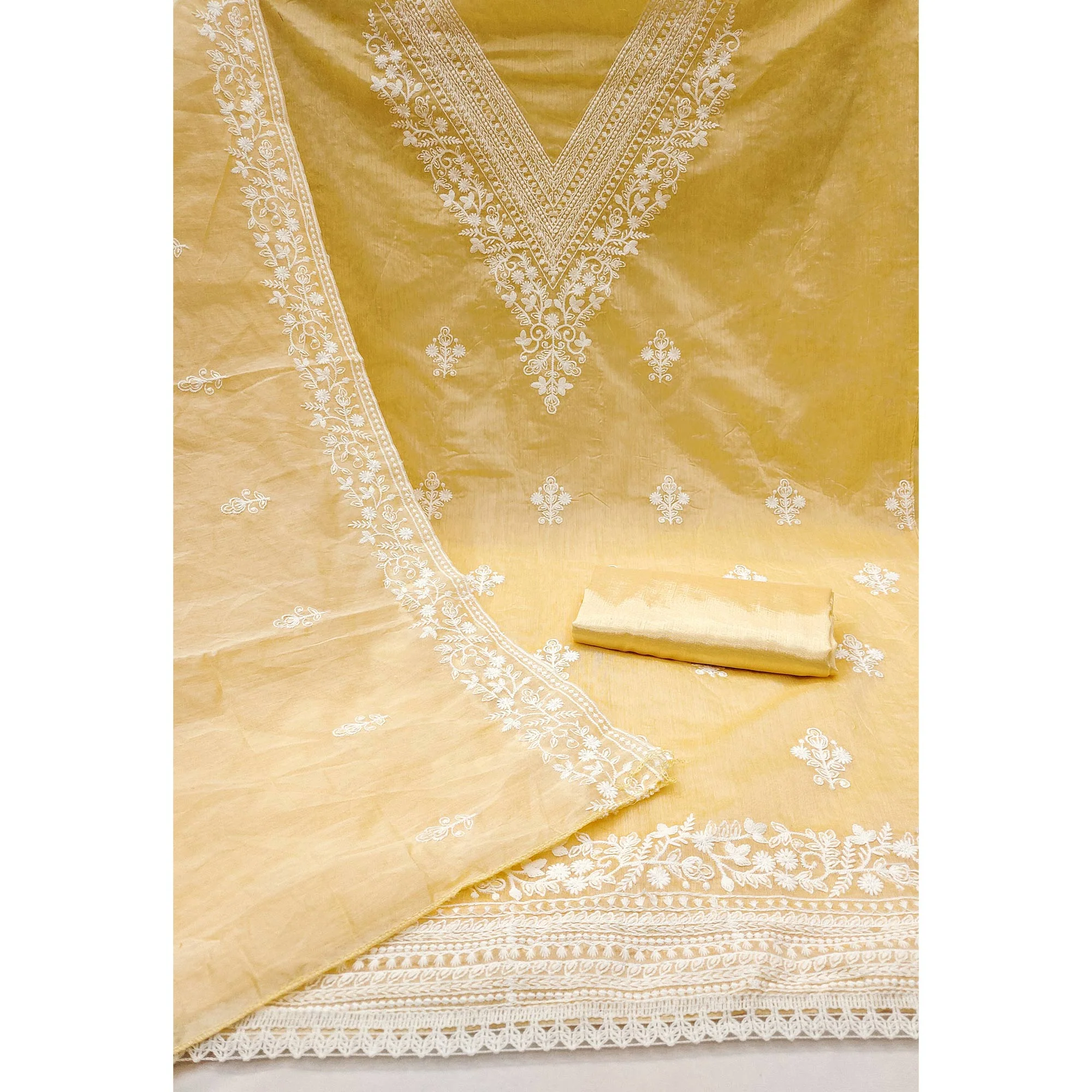 Traditional Yellow Chanderi Silk Suit Fabric with Embroidered Floral Patterns - Image 4