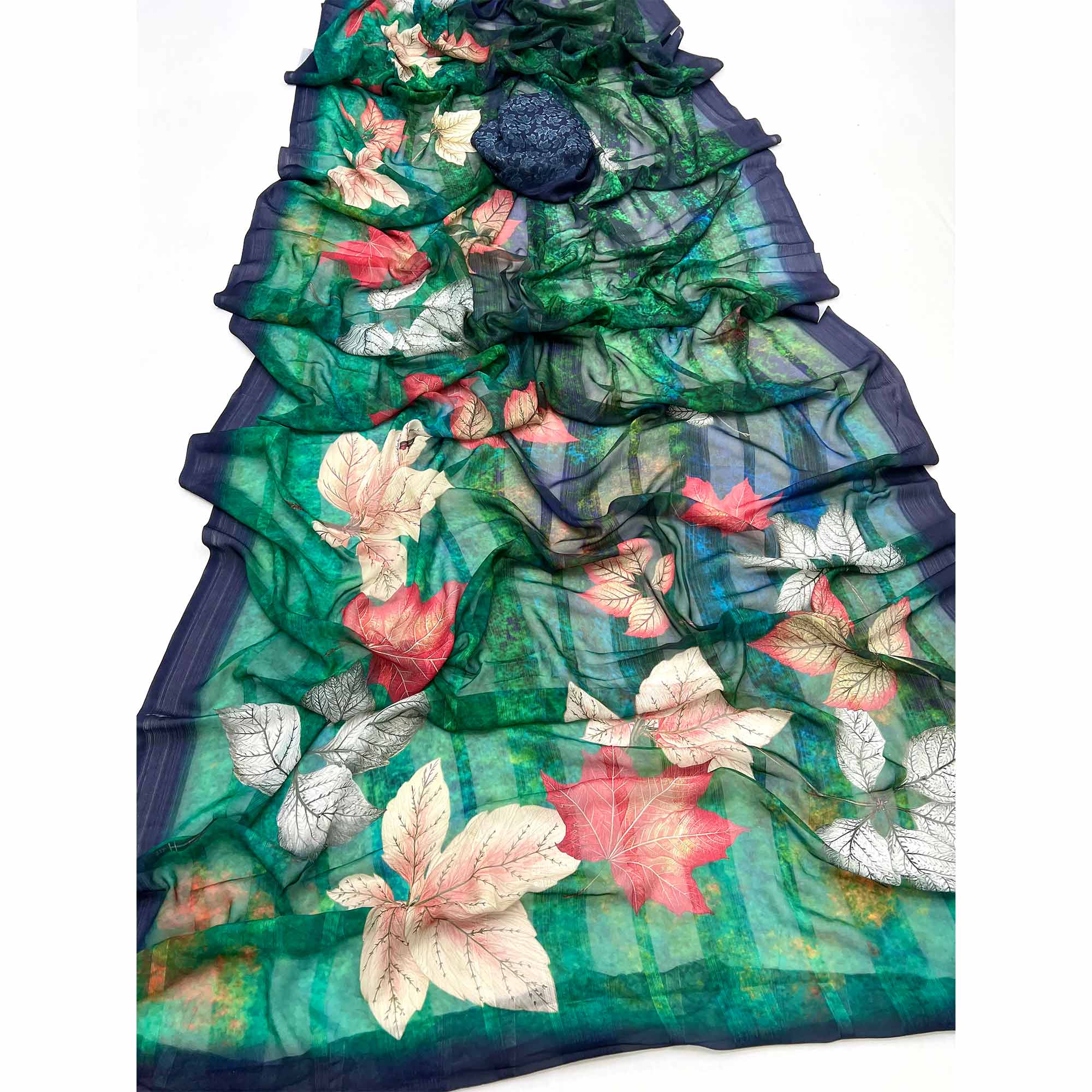 Trendy Acqa Green Leaf Digital Printed Silk Blend Saree With Textured Striped Weaving - Image 3