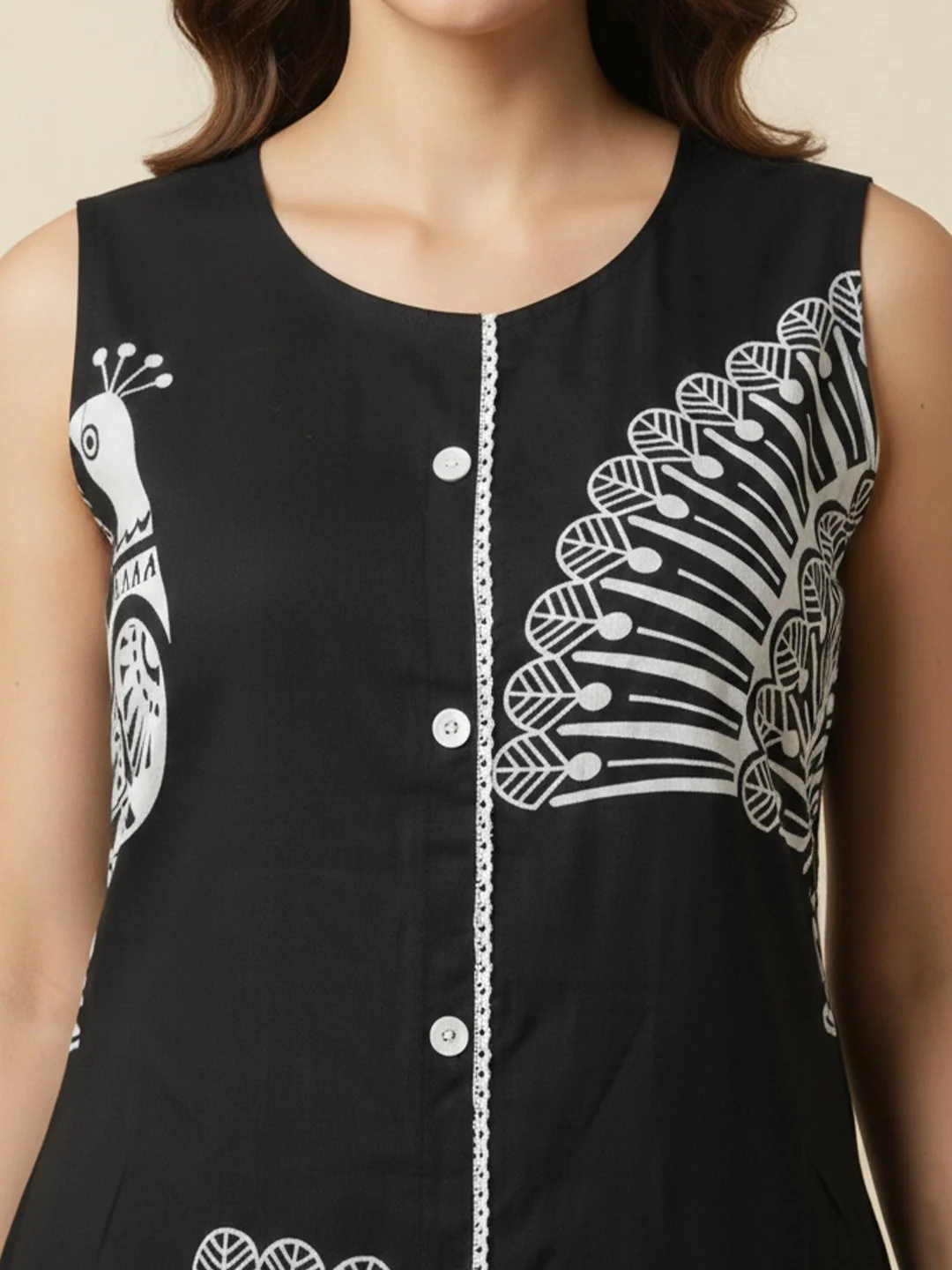 Trendy Black Peacock Feather Print Rayon Top with Coordinated Bottom - Image 5