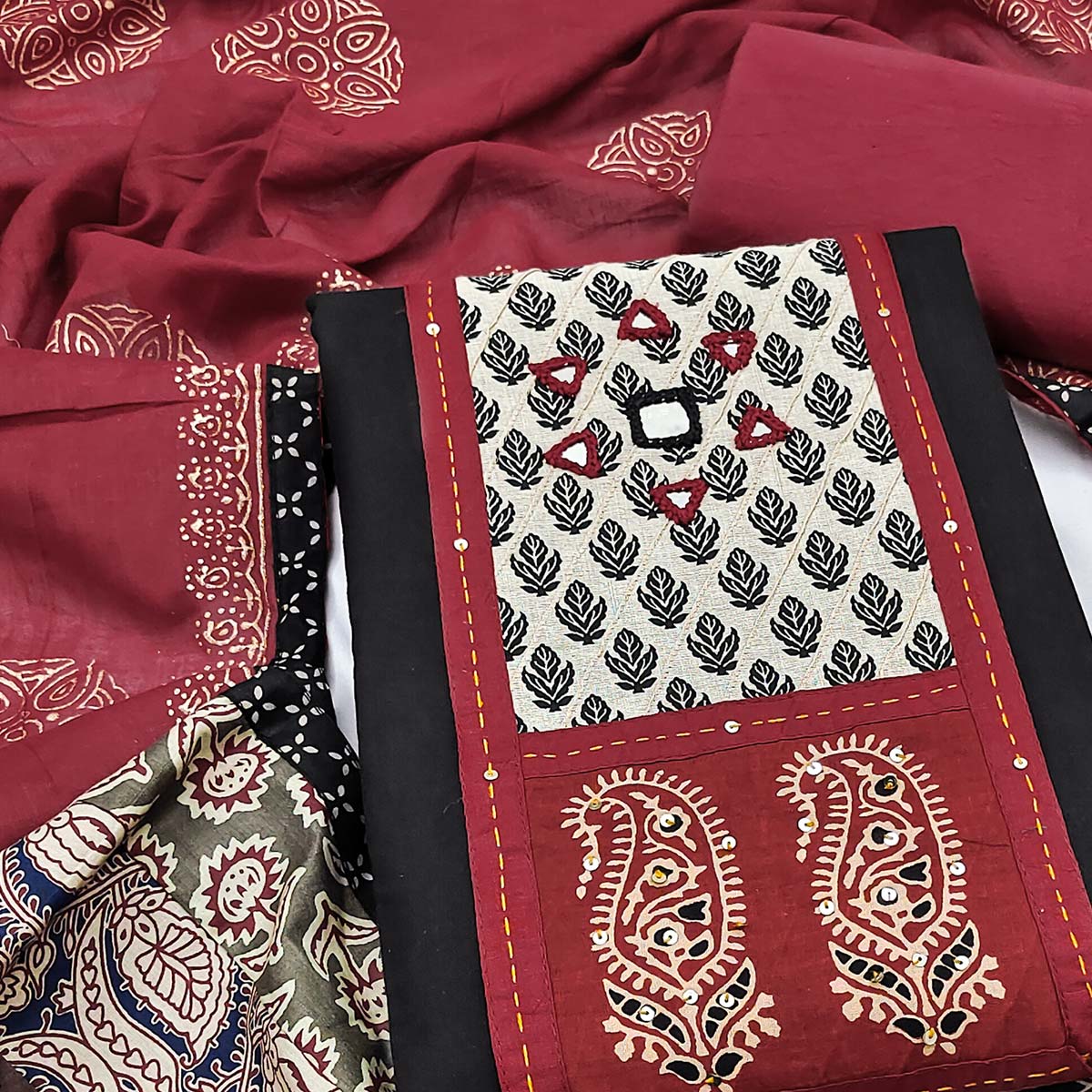 Trendy Black Solid With Printed Pure Cotton Dress Material With Neck Sequins Embroidery Work - Image 2