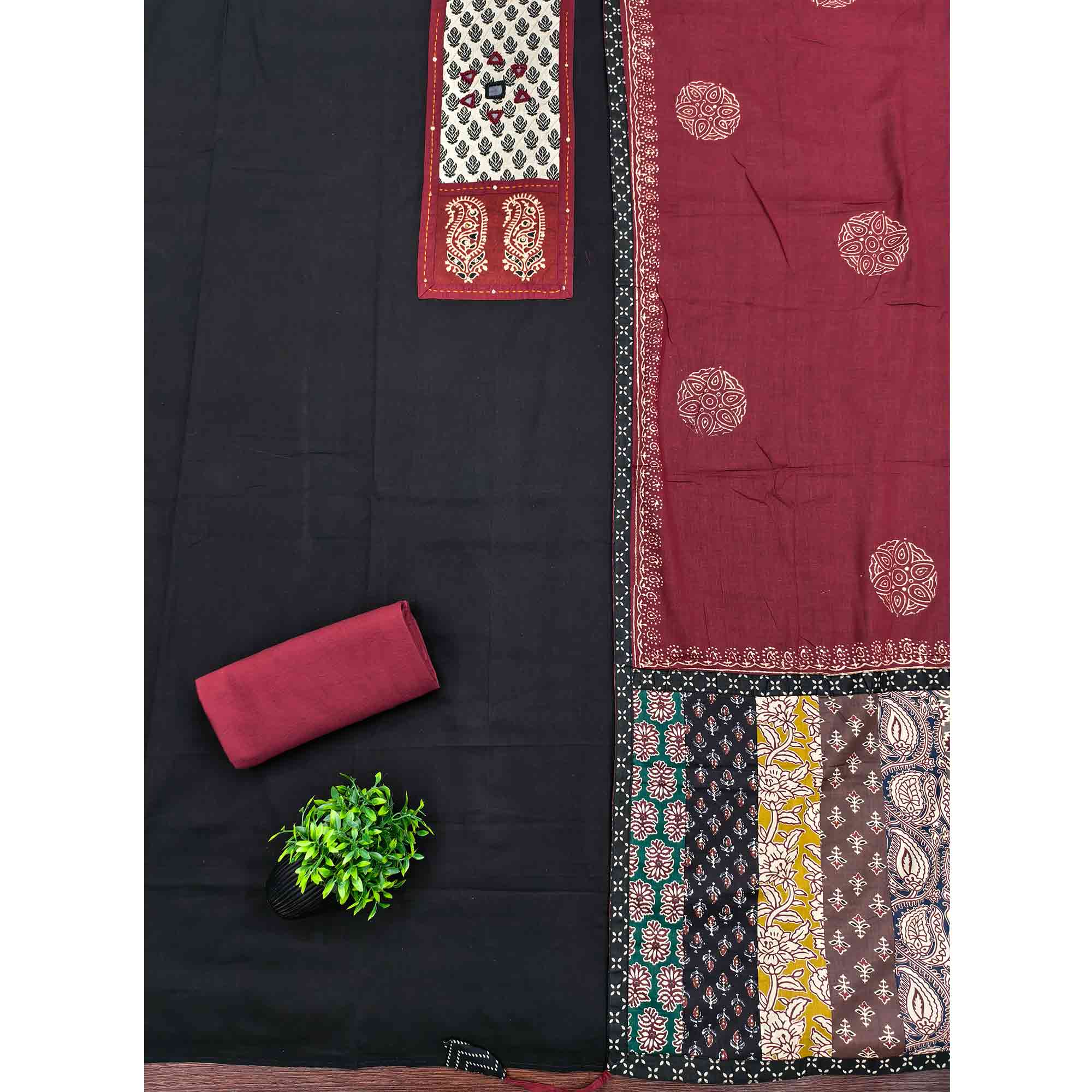 Trendy Black Solid With Printed Pure Cotton Dress Material With Neck Sequins Embroidery Work - Image 3