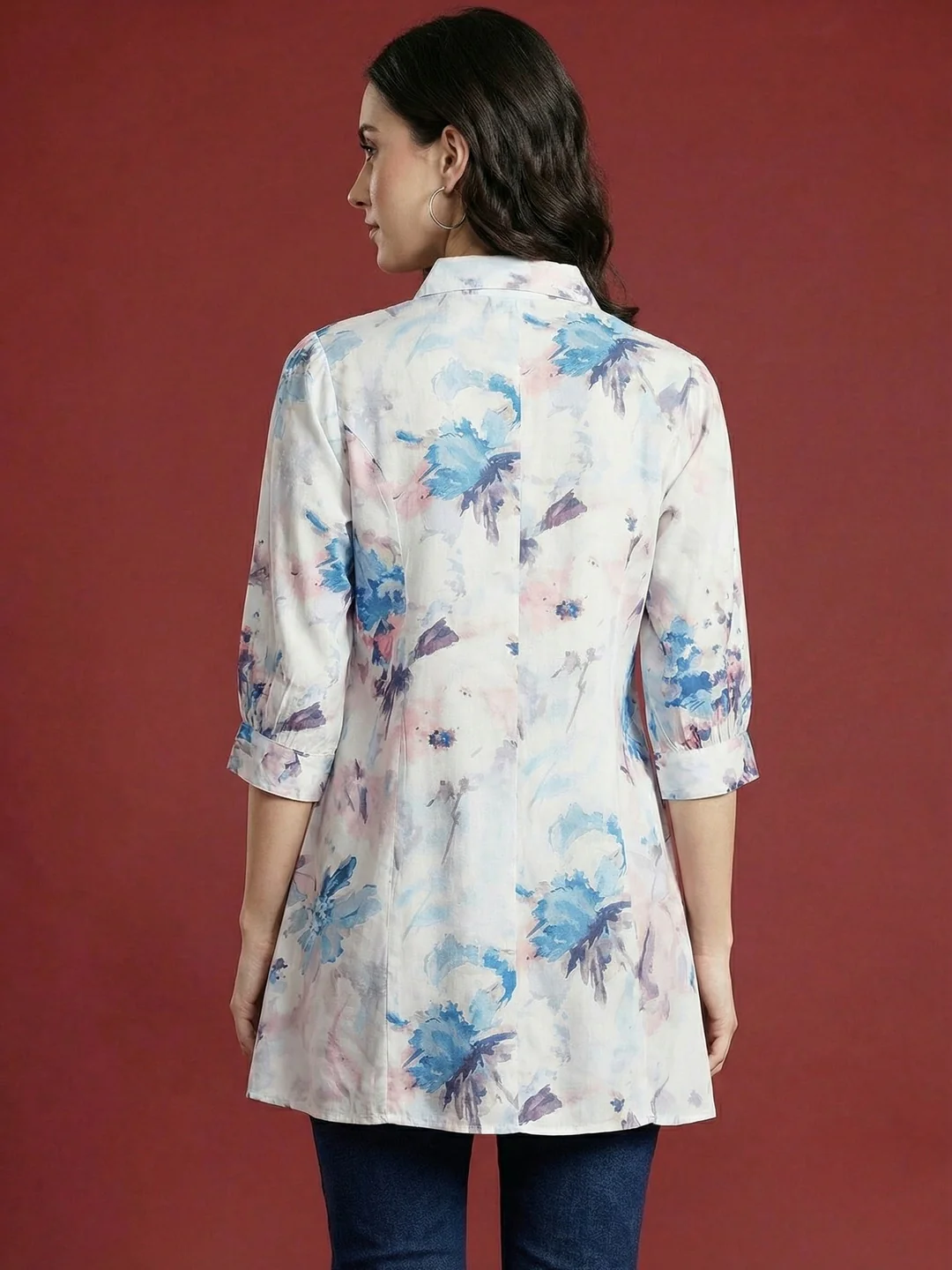 Trendy Blue Floral Printed Rayon A-Line Top with Flowy Silhouette - Image 3