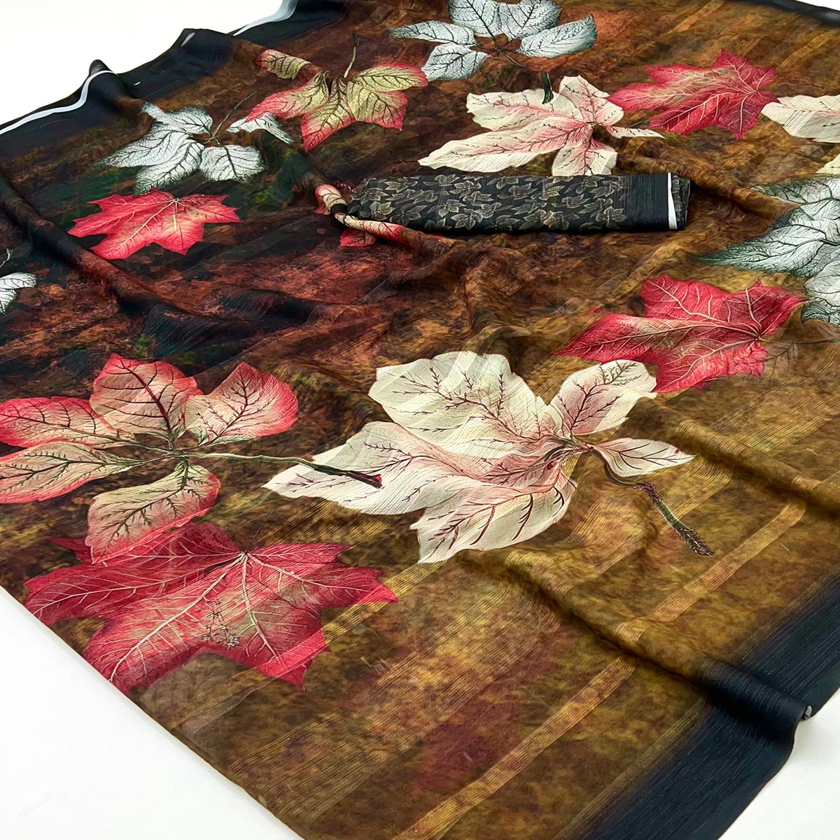 Trendy Brown Leaf Digital Printed Silk Blend Saree With Textured Striped Weaving - Image 2