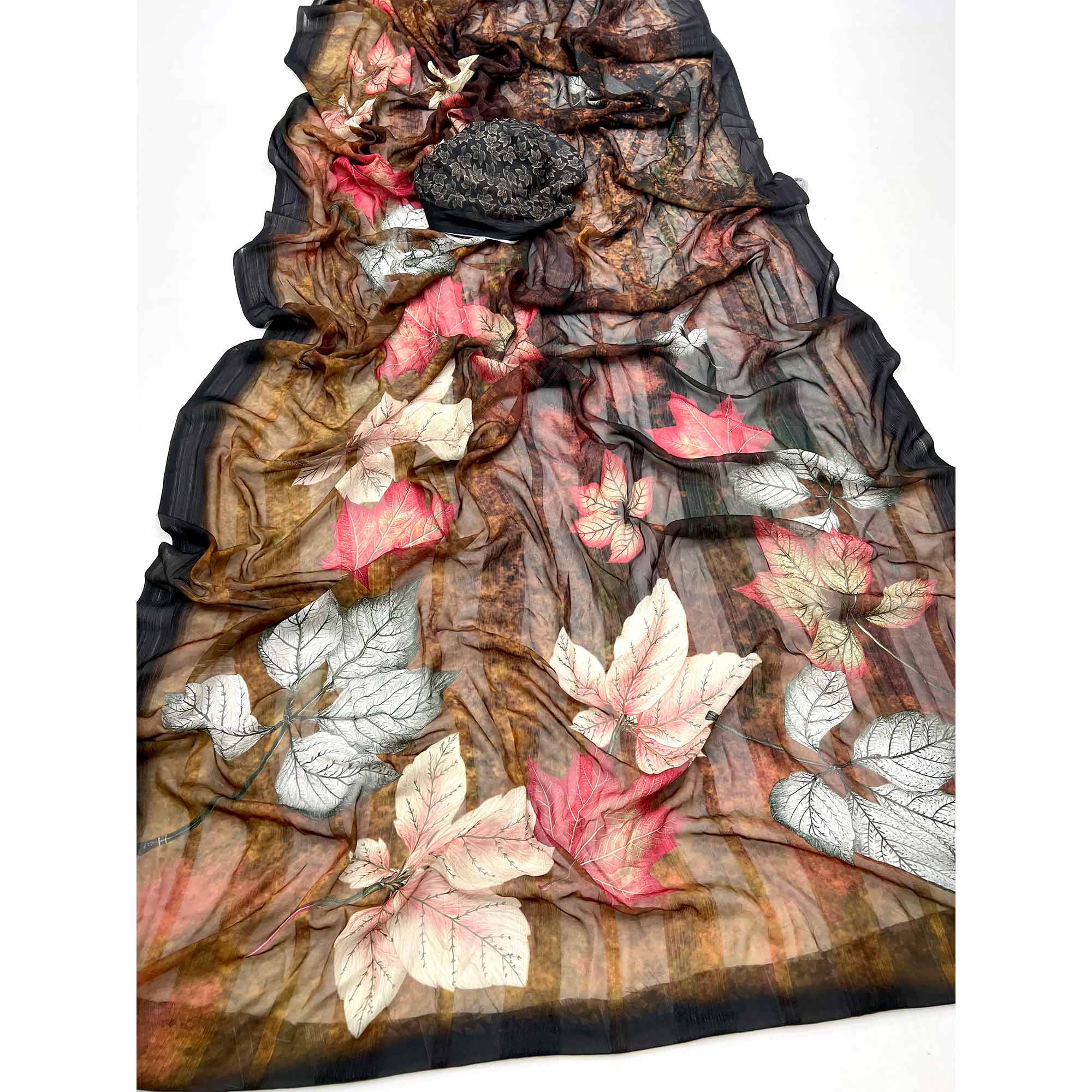 Trendy Brown Leaf Digital Printed Silk Blend Saree With Textured Striped Weaving - Image 3