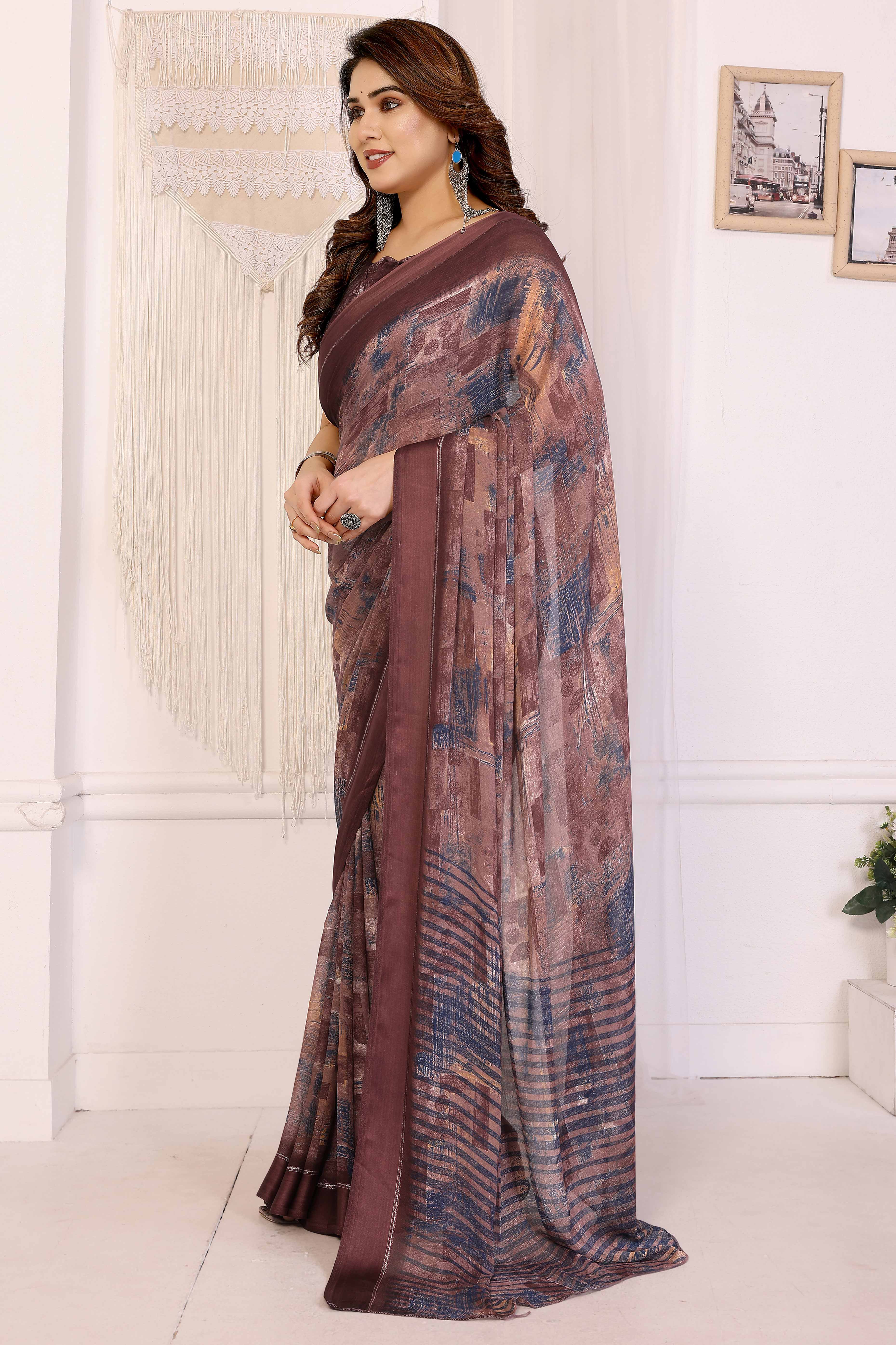Trendy Brown Moss Crepe Saree with Floral Motifs and Satin Border - Image 3
