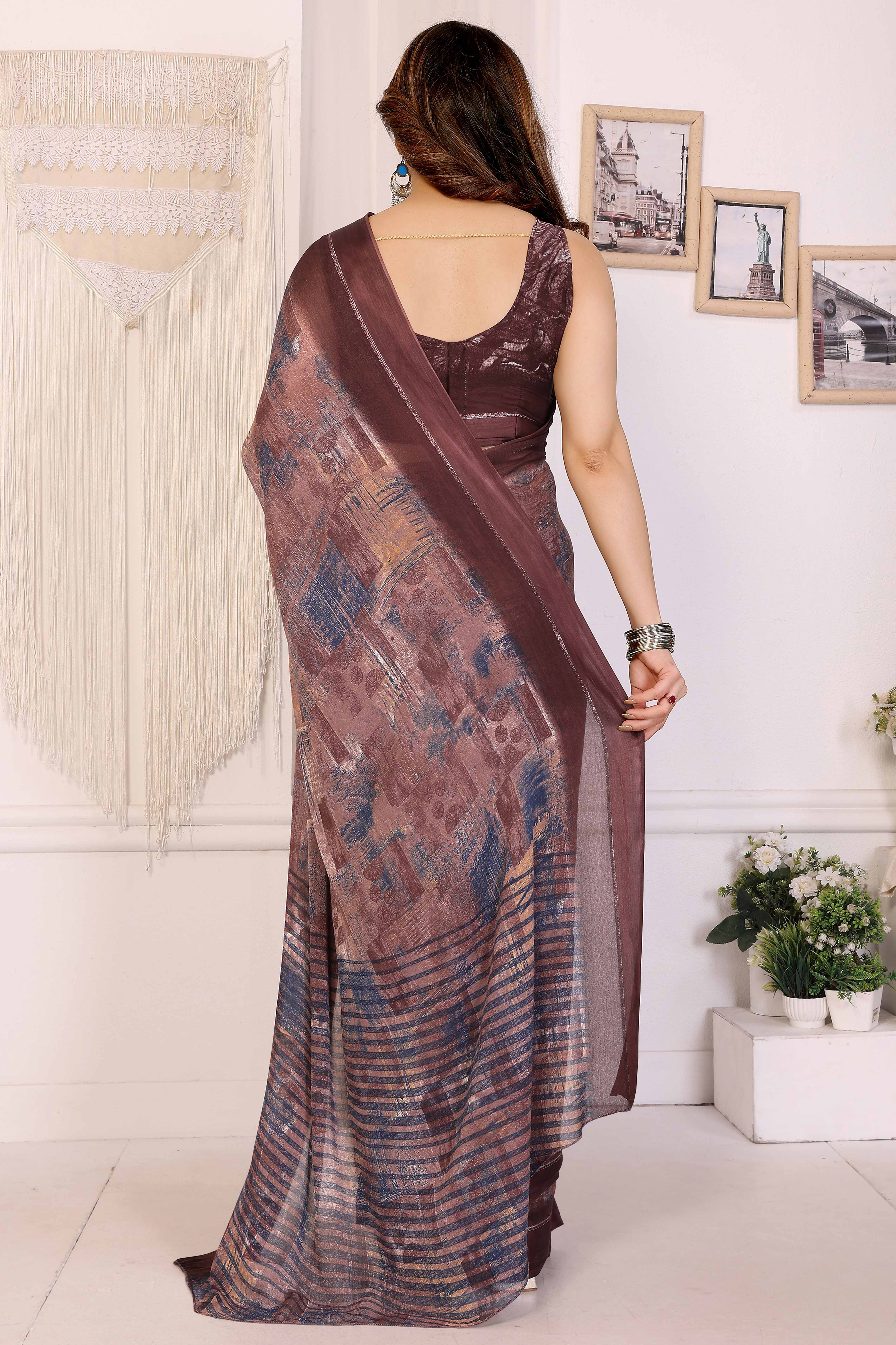 Trendy Brown Moss Crepe Saree with Floral Motifs and Satin Border - Image 5