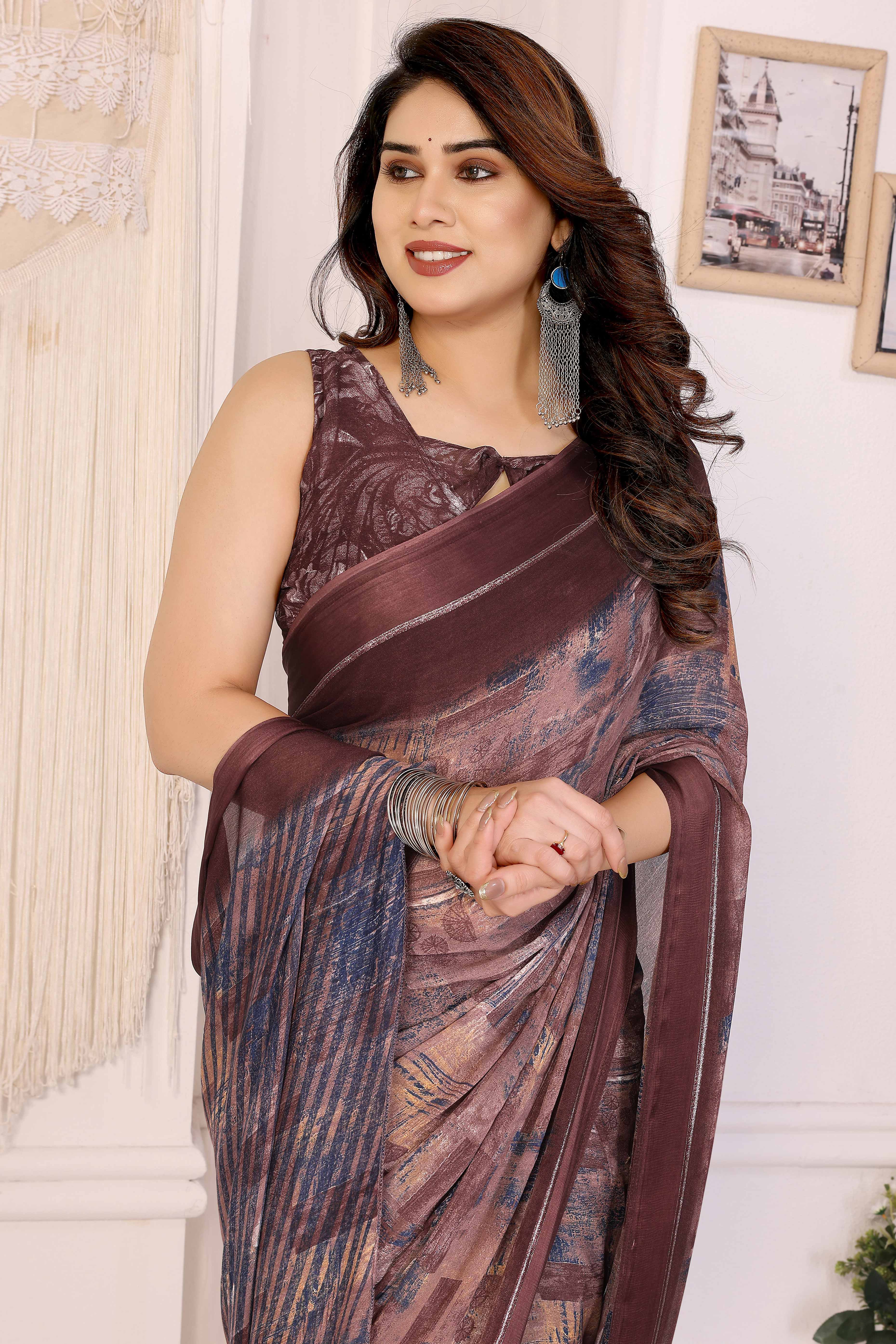 Trendy Brown Moss Crepe Saree with Floral Motifs and Satin Border - Image 6