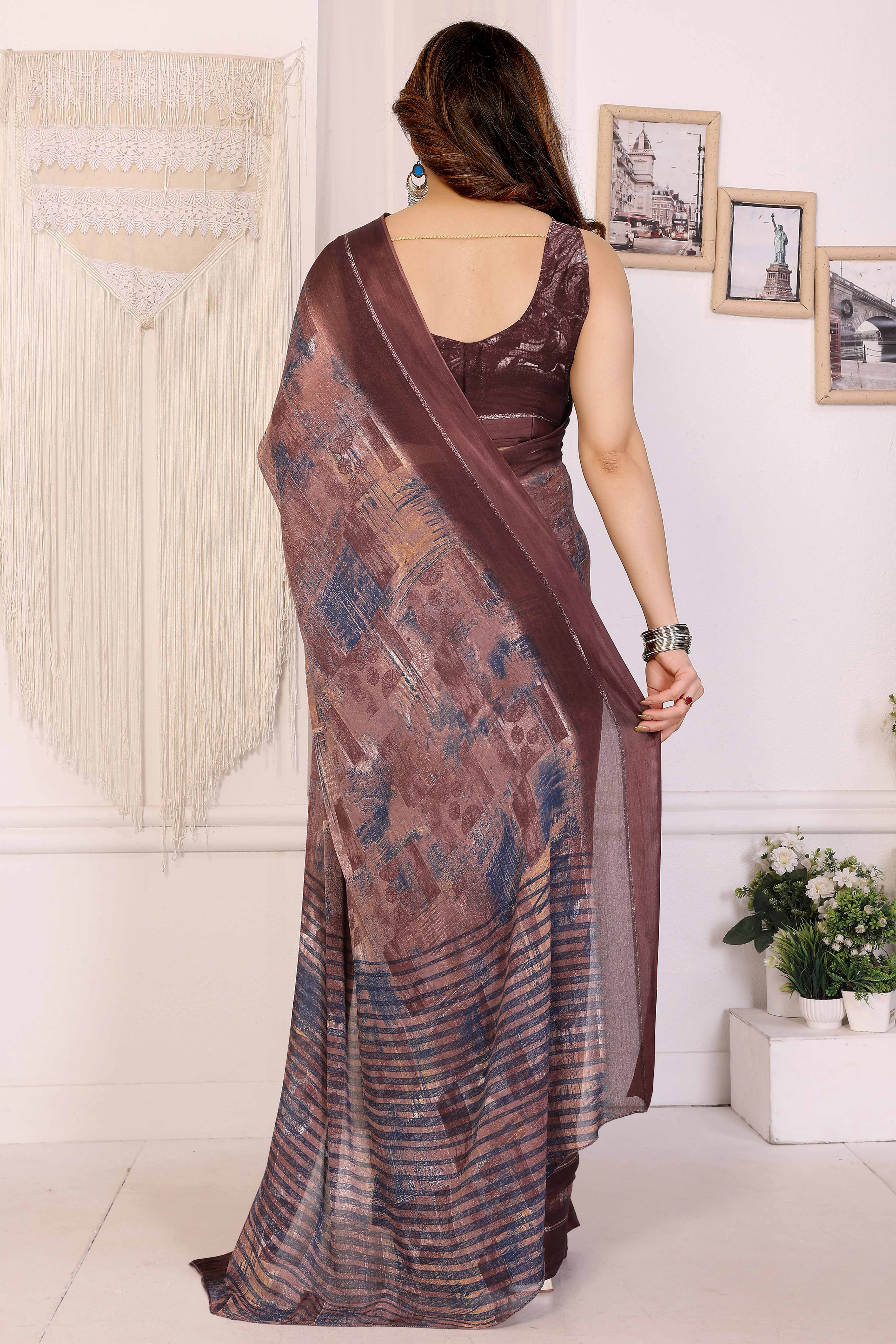 Trendy Brown Saree in Moss Satin with Floral Print Detailing - Image 5