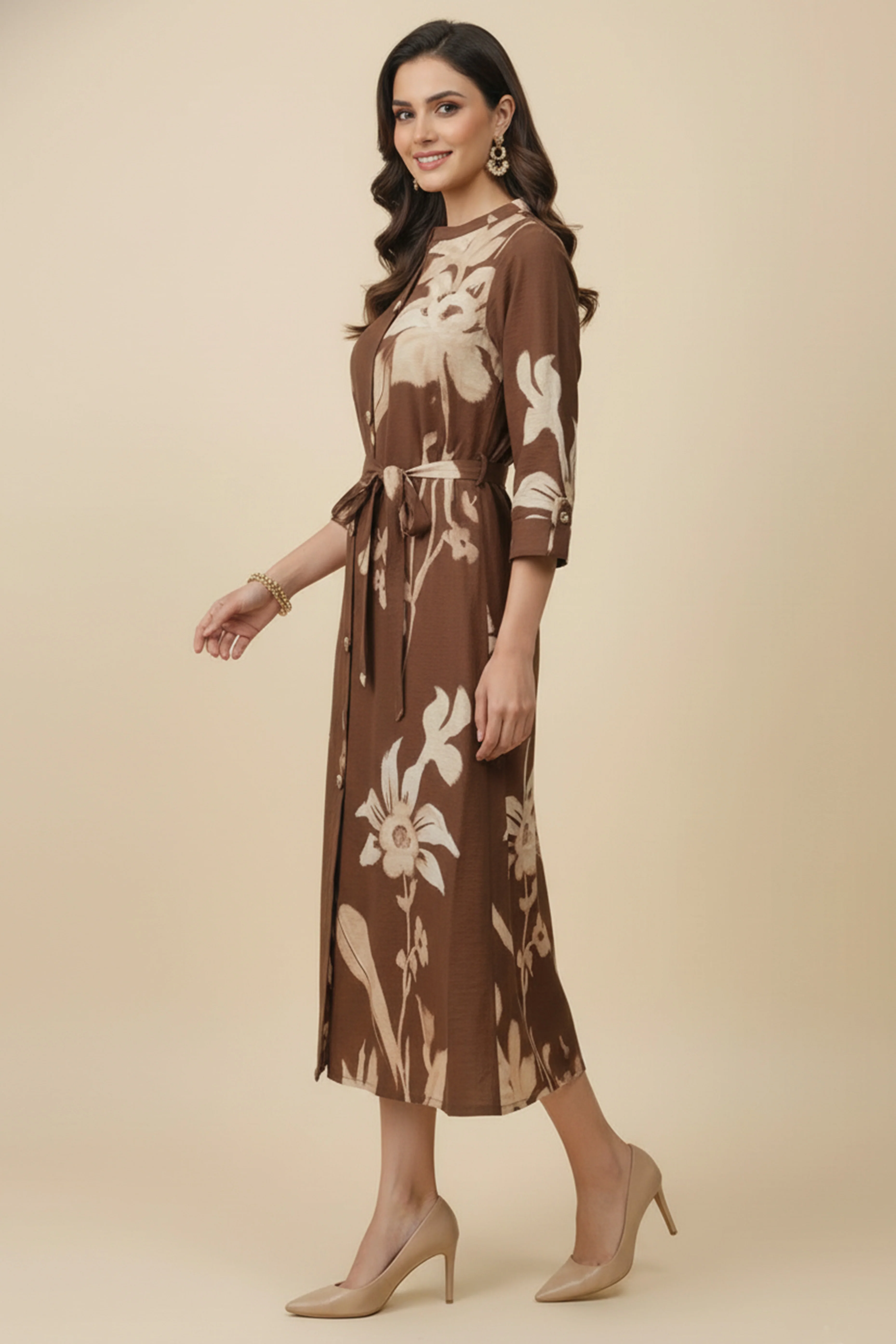 Trendy Brown Viscose Blend Midi Dress Featuring All-Over Floral Prints - Image 4