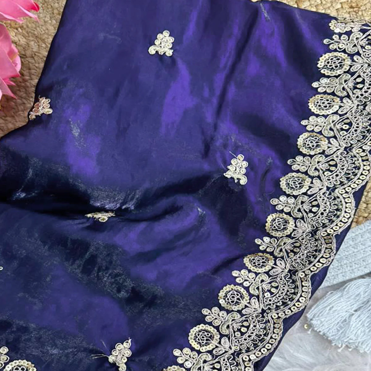 Trendy Dark Blue Fancy Satin Saree Enhanced with Rich Golden Embroidered Design - Image 2