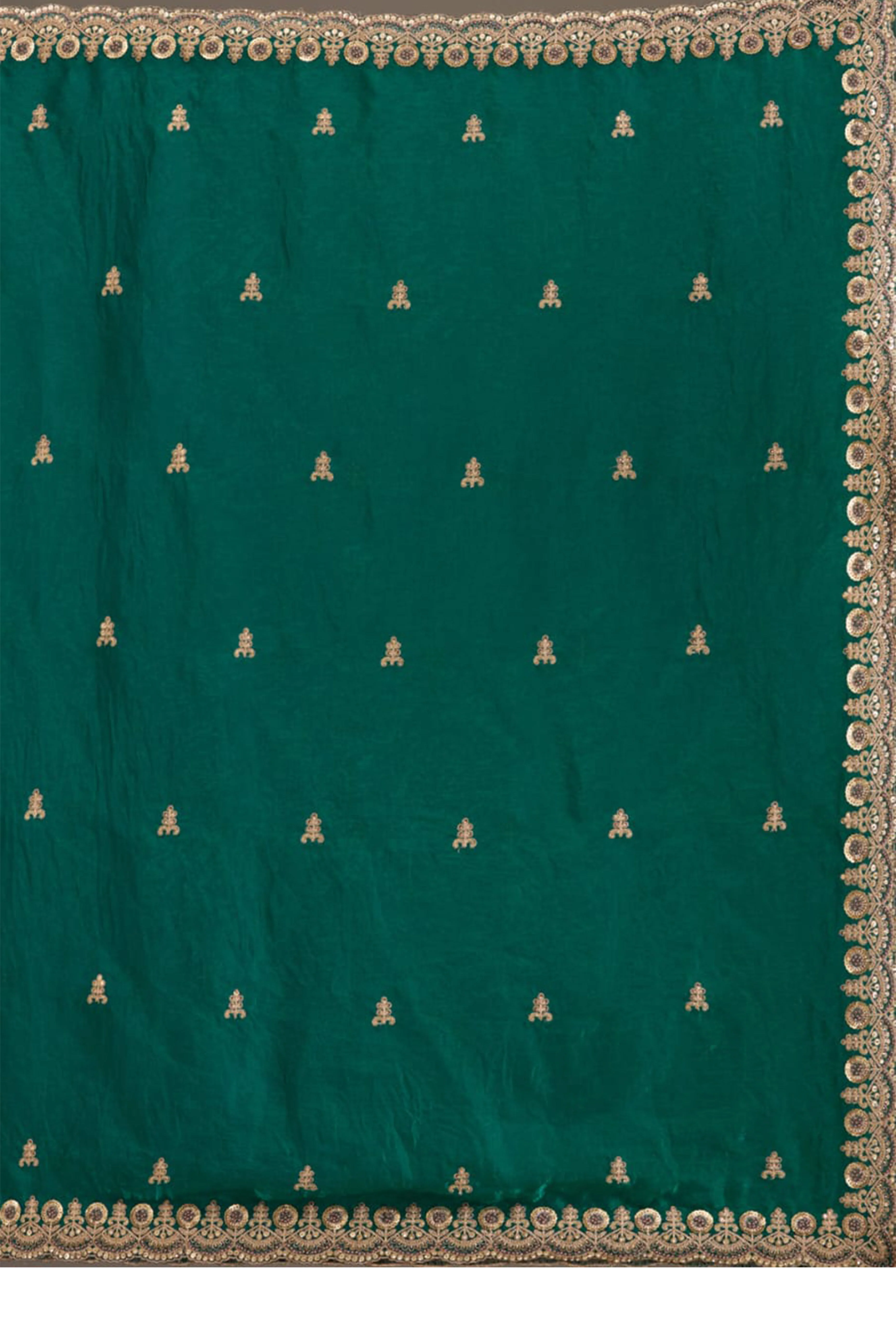 Trendy Green Fancy Satin Saree Enhanced With Rich Golden Embroidered Design - Image 9
