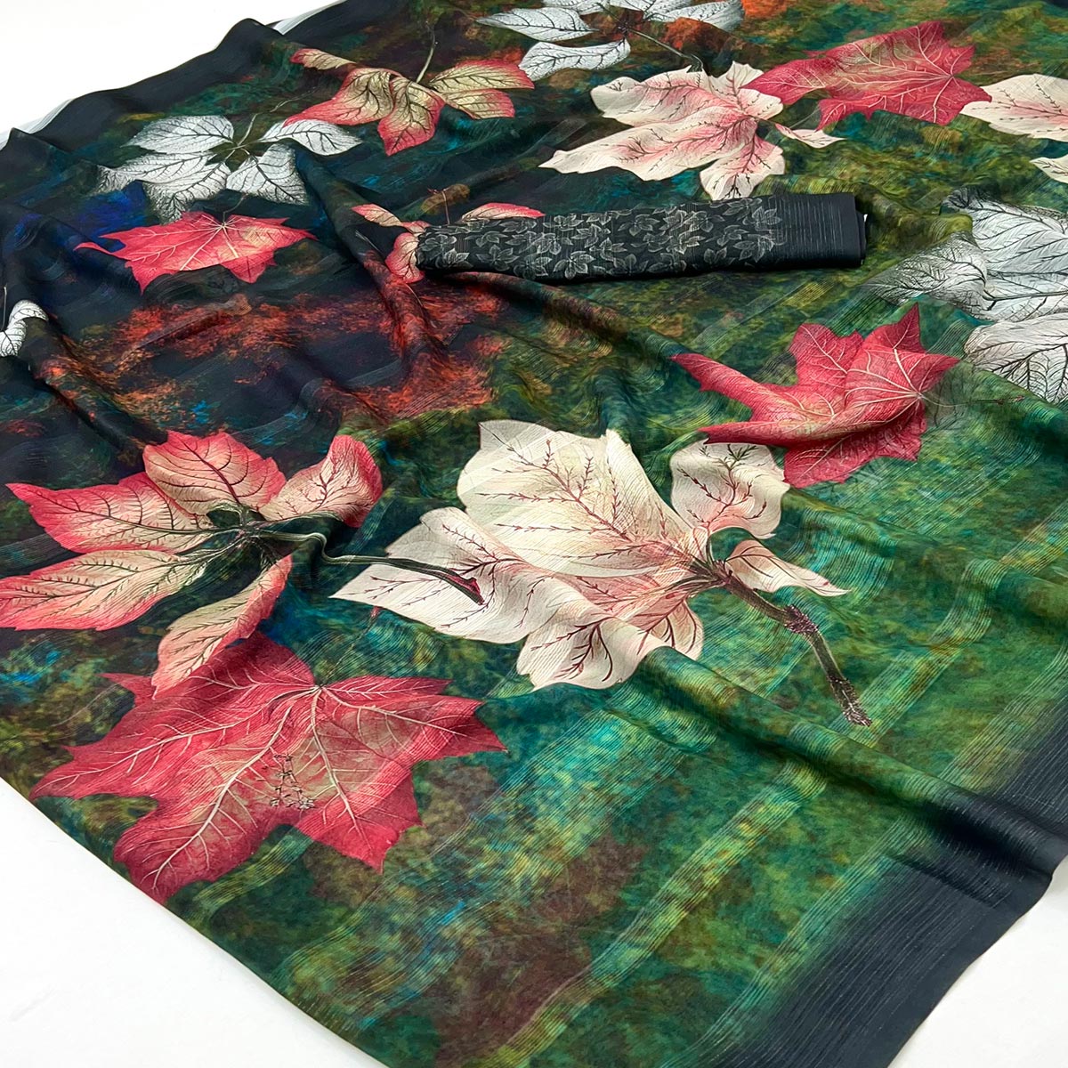 Trendy Green Leaf Digital Printed Silk Blend Saree With Textured Striped Weaving - Image 2