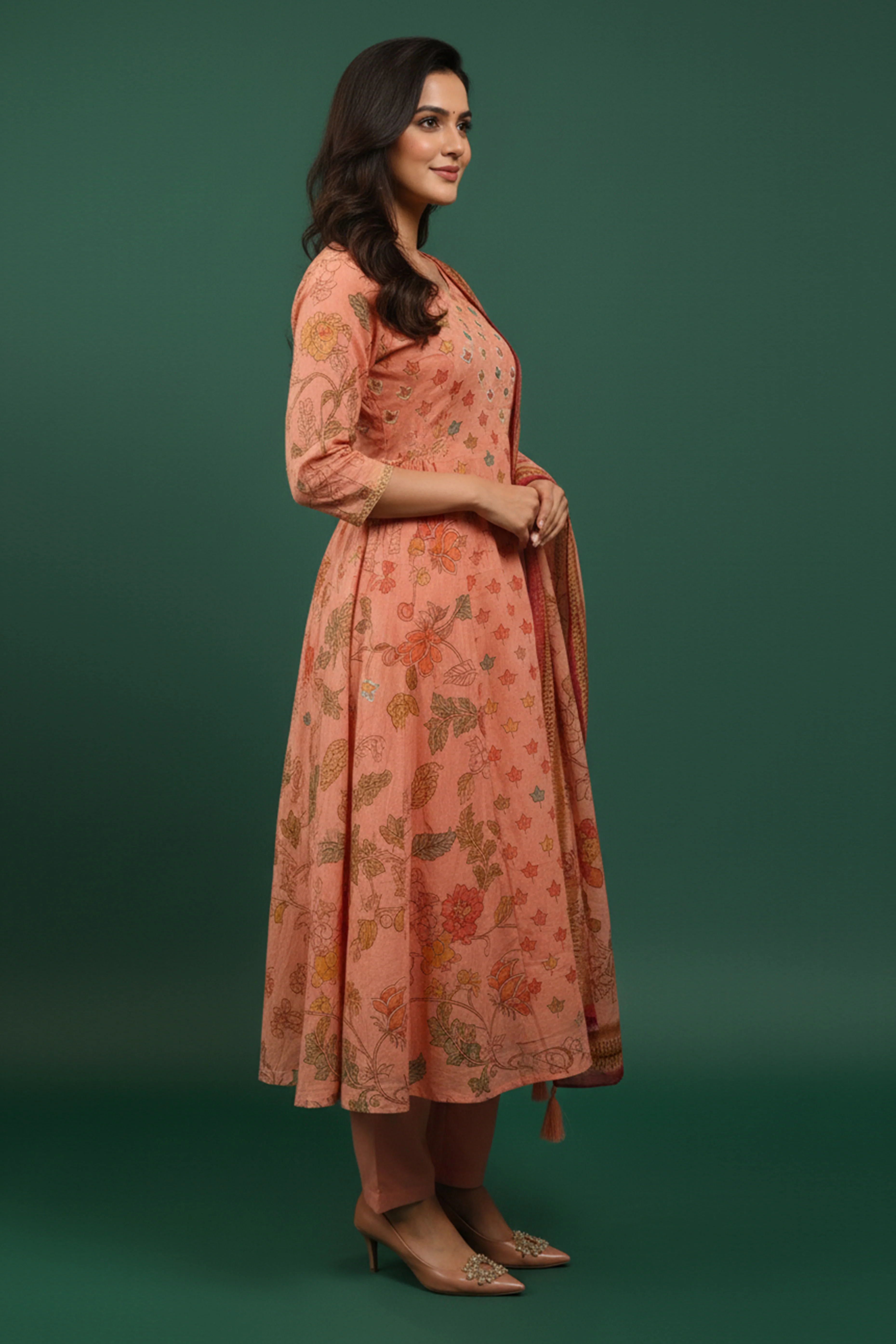 Trendy Light Rust A-Line Salwar Suit in Pure Mulmul Cotton with Floral Print - Image 4