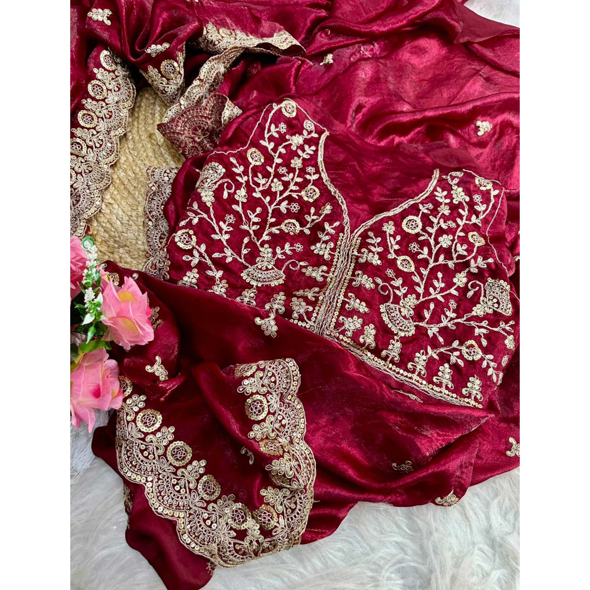 Trendy Maroon Fancy Satin Saree Enhanced with Rich Golden Embroidered Design - Image 5