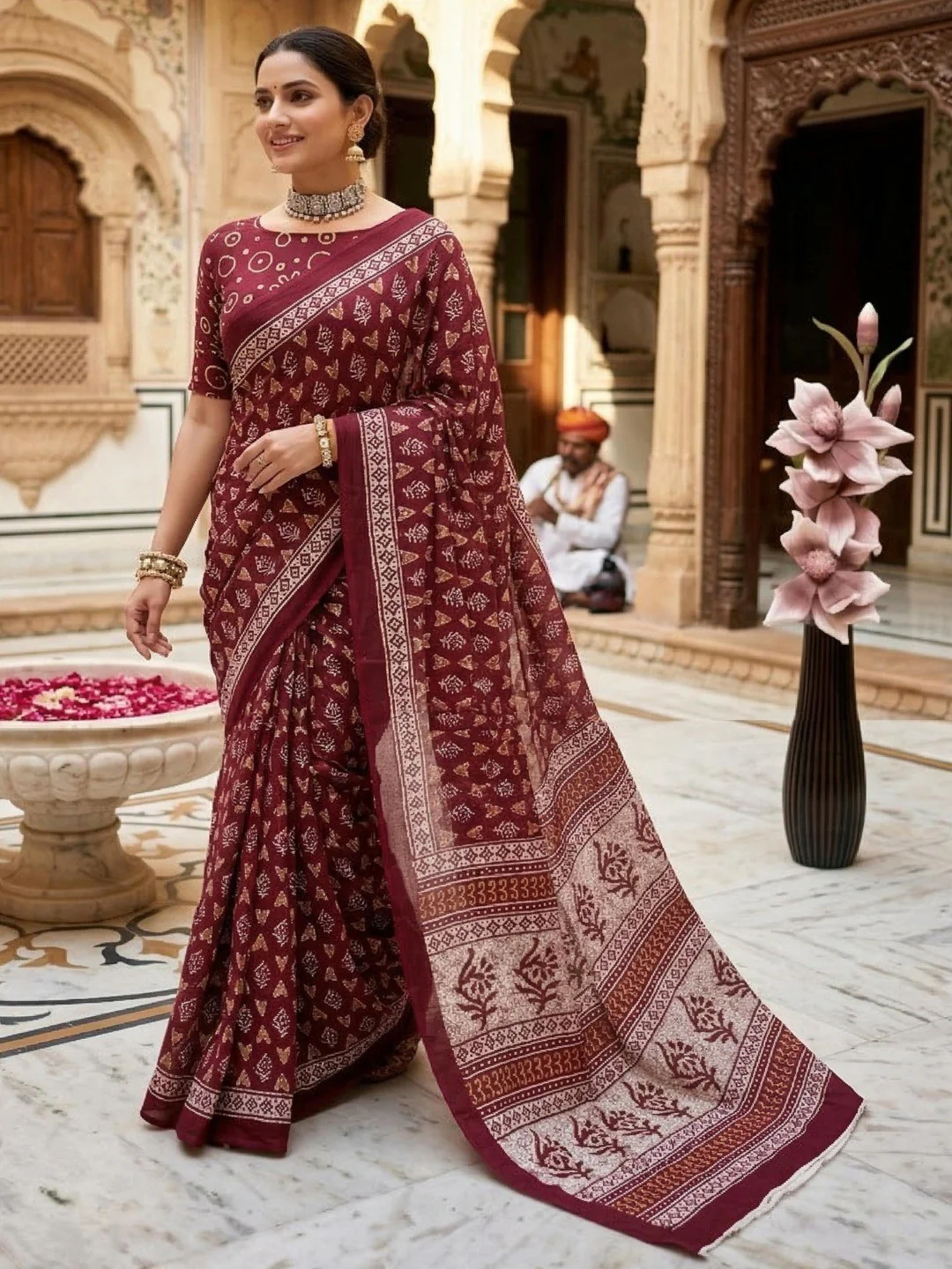 Trendy Maroon Floral & Geometric Printed Mulmul Cotton Saree With Unique Pattern Work