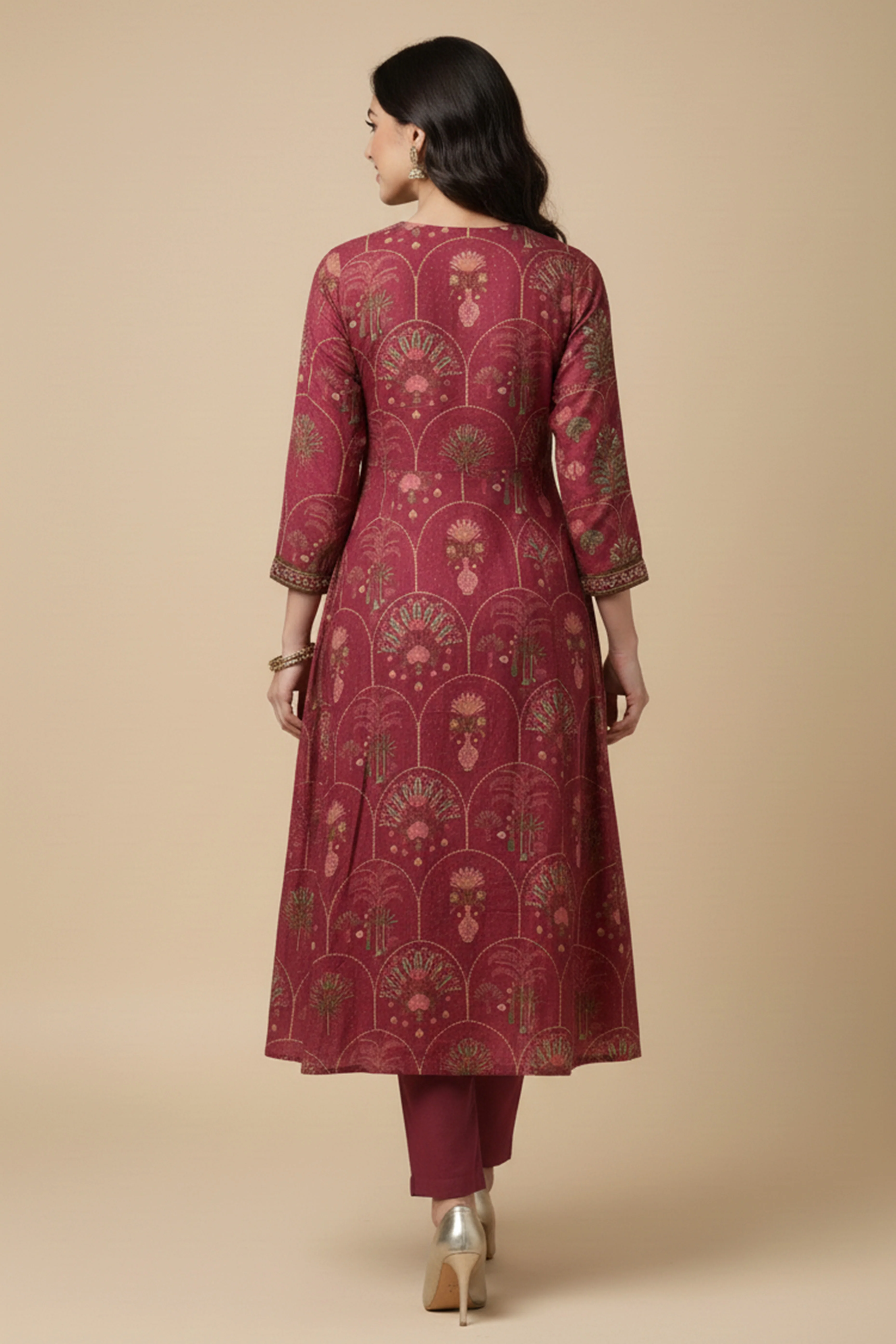 Trendy Maroon Muslin Top Bottom Set with Elegant Printed Jacket Enhanced by Bead Embellishments - Image 3