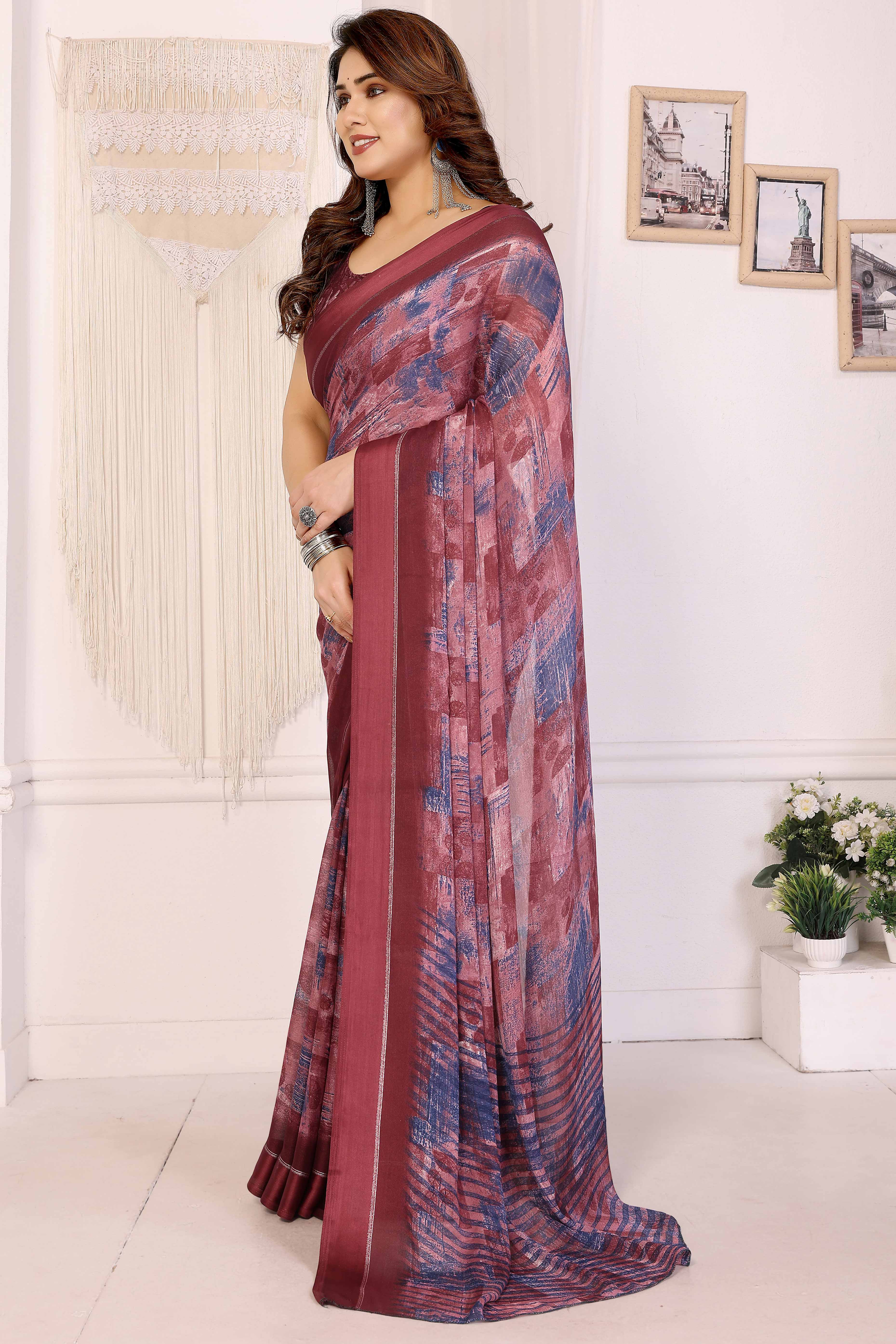 Trendy Maroon Saree in Moss Satin with Floral Print Detailing - Image 3