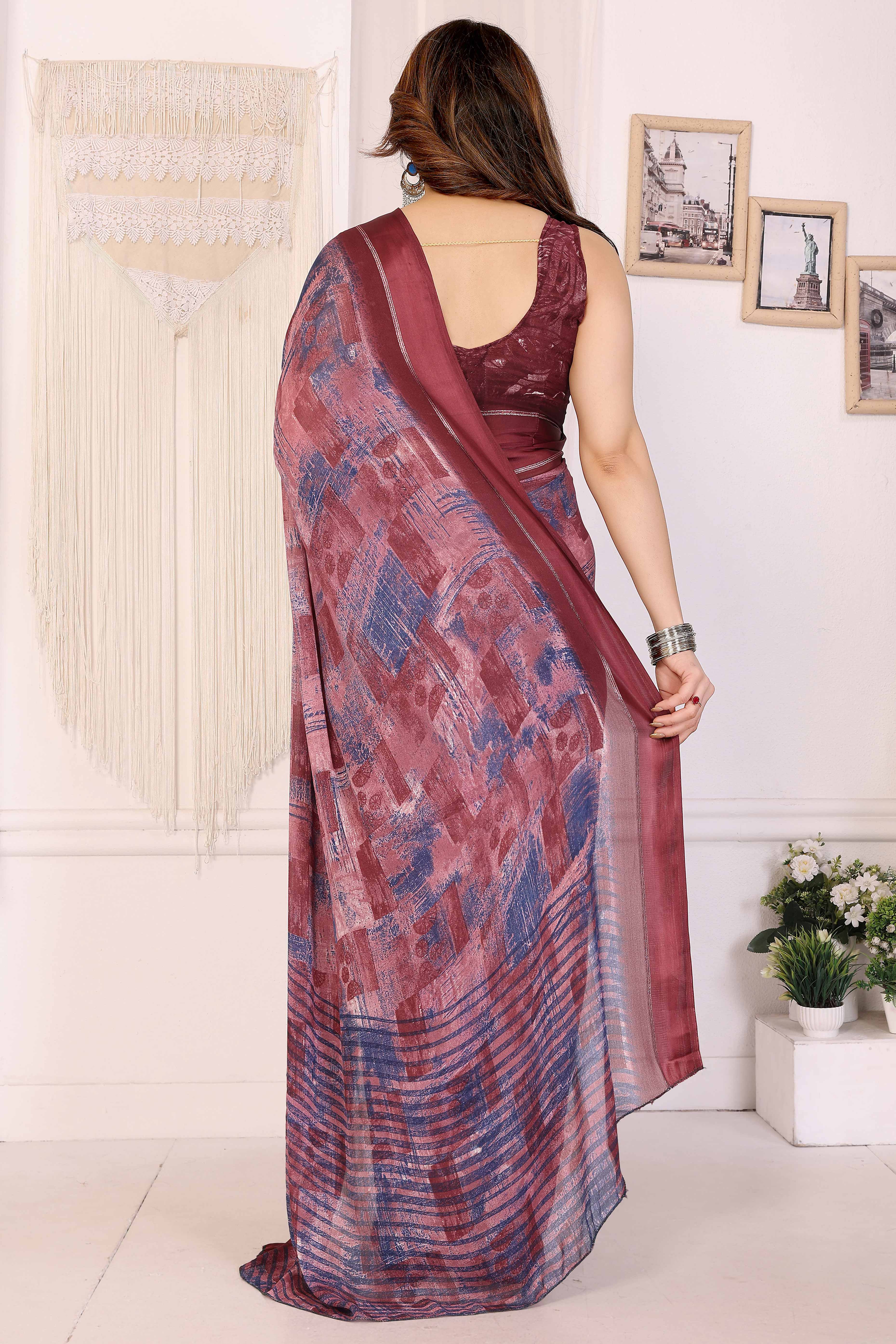 Trendy Maroon Saree in Moss Satin with Floral Print Detailing - Image 4
