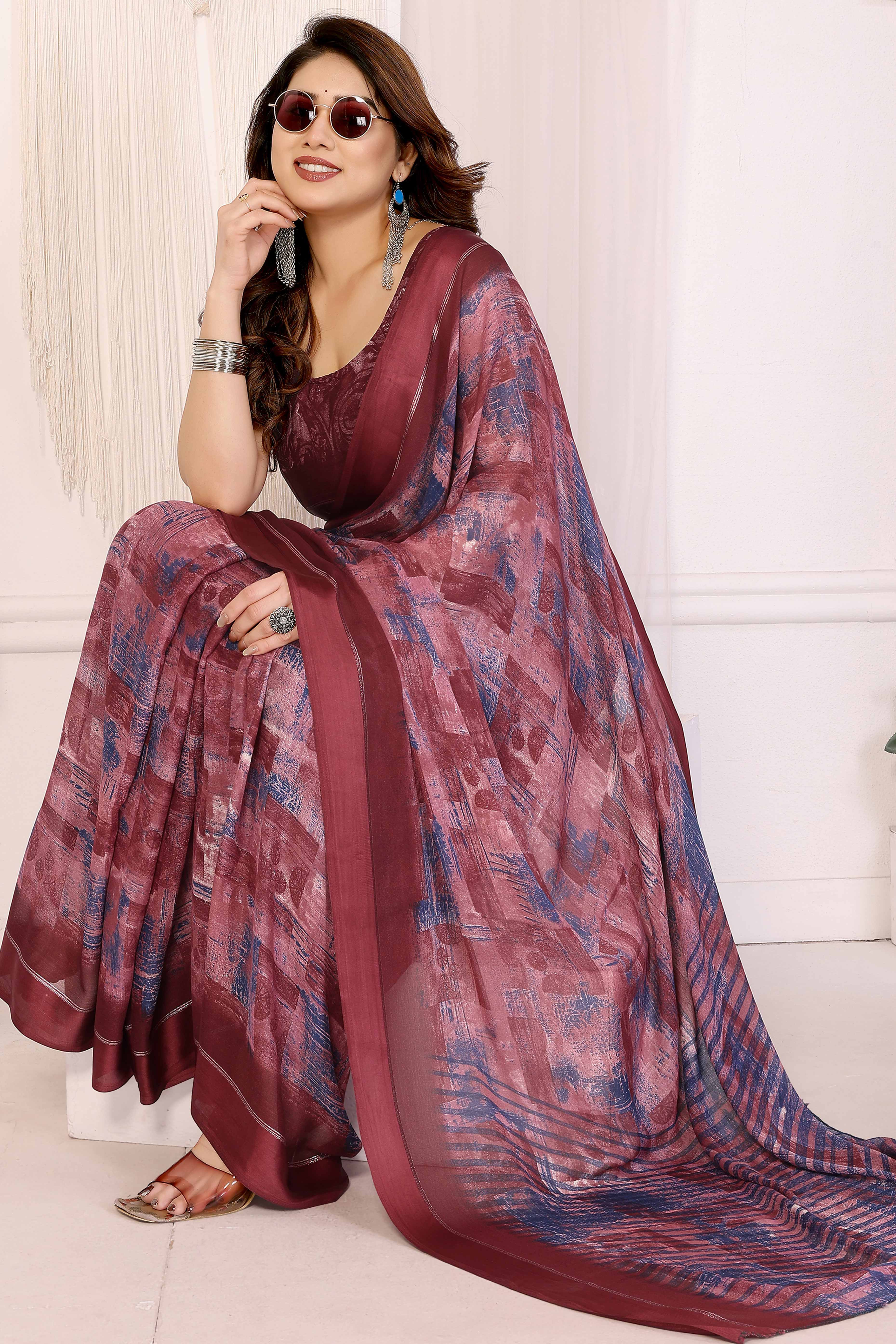 Trendy Maroon Saree in Moss Satin with Floral Print Detailing - Image 5