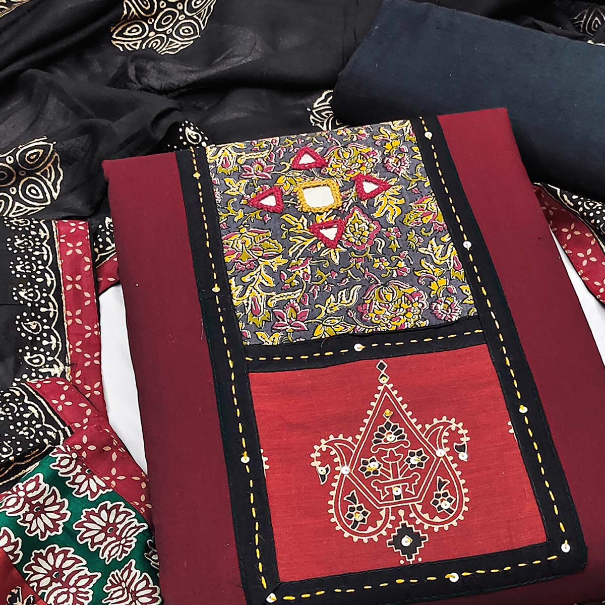 Trendy Maroon Solid With Printed Pure Cotton Dress Material With Neck Sequins Embroidery Work - Image 2