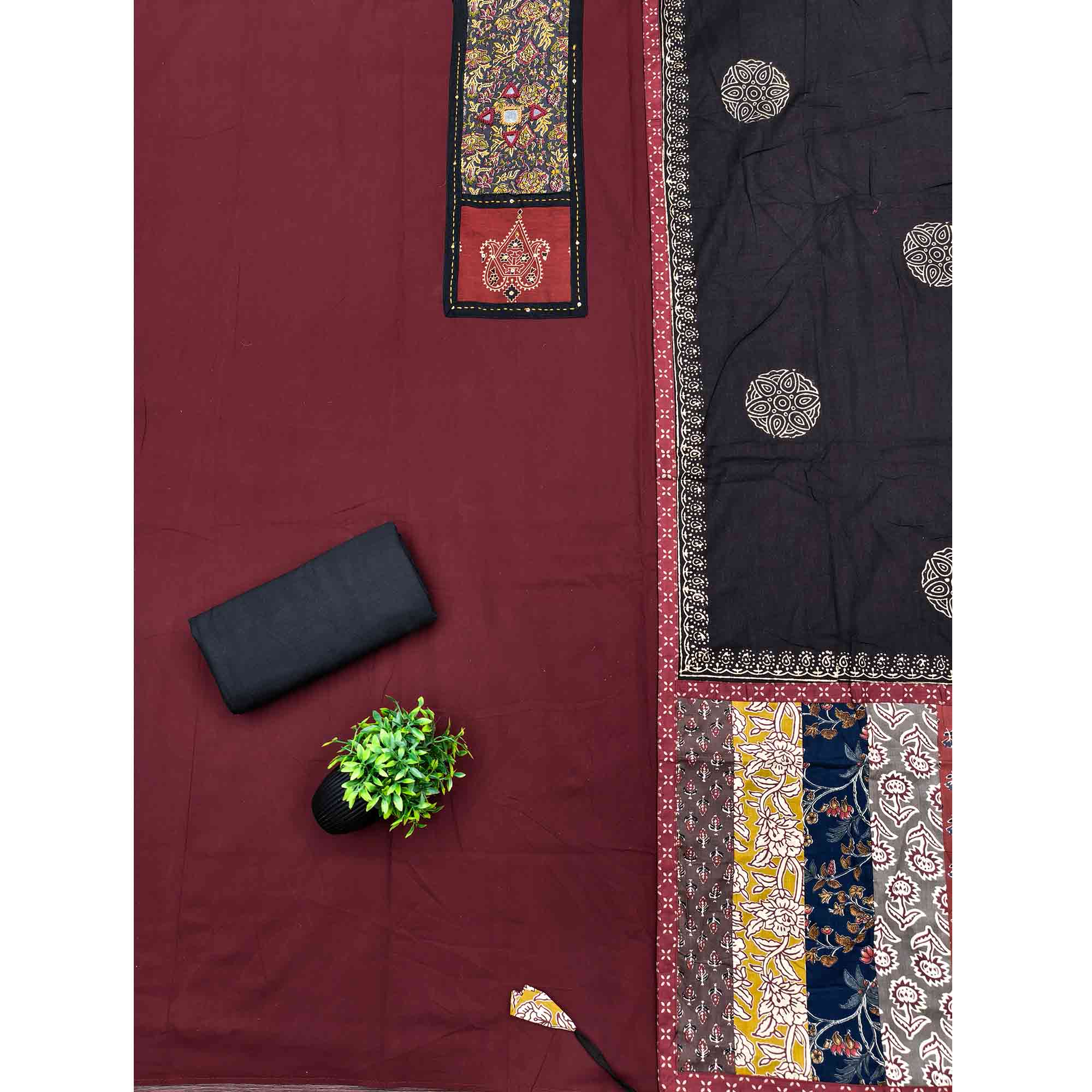 Trendy Maroon Solid With Printed Pure Cotton Dress Material With Neck Sequins Embroidery Work - Image 3