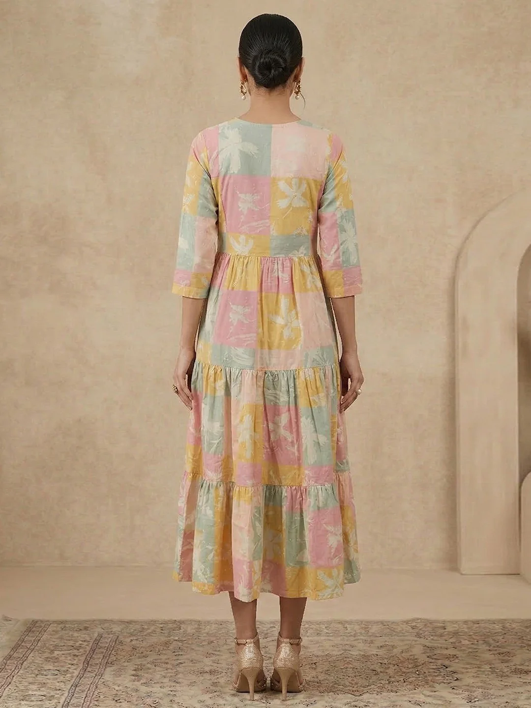 Trendy Multicolor Floral Printed Pure Cotton Tiered Dress with Stylish Layers - Image 3