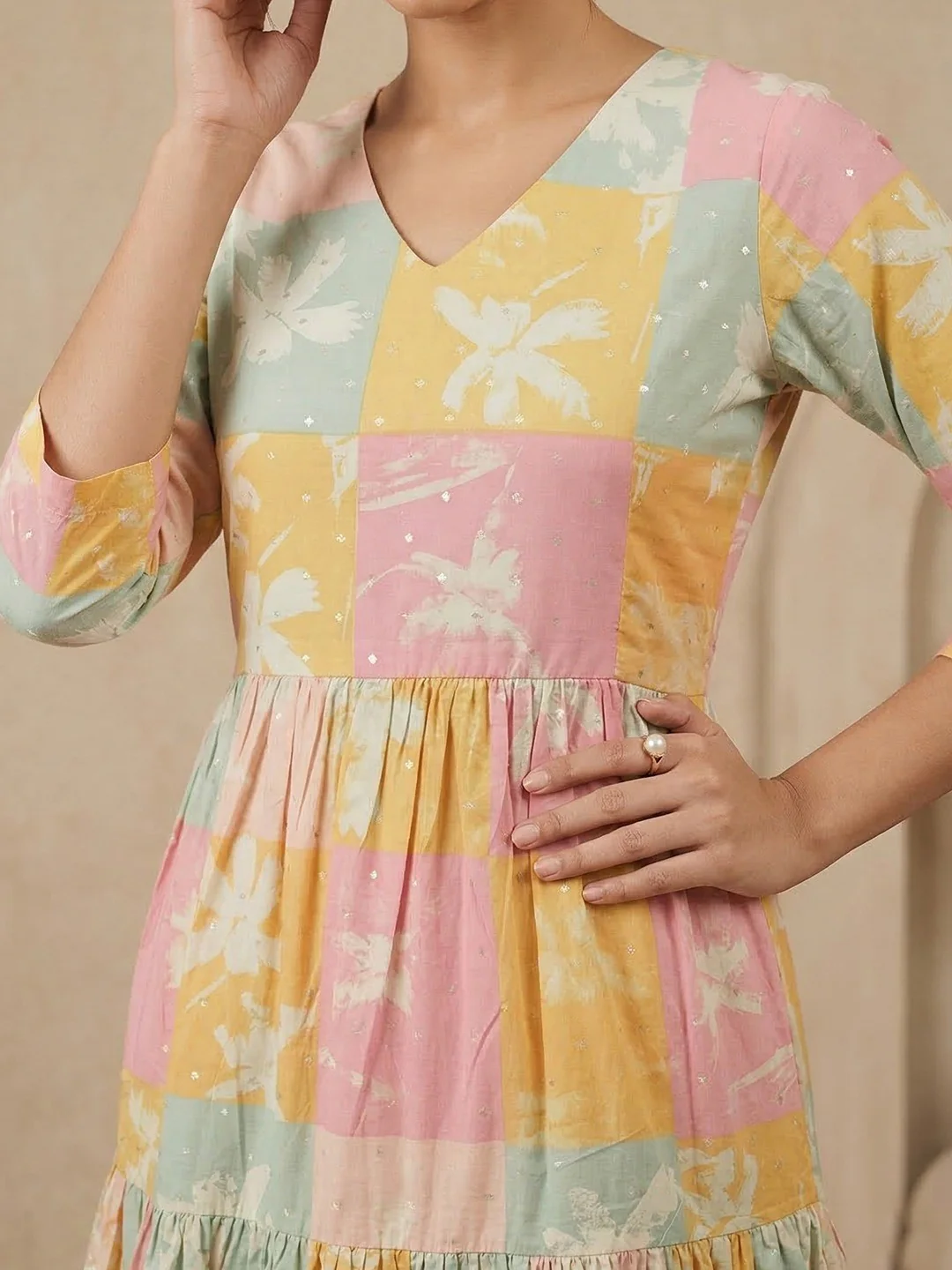 Trendy Multicolor Floral Printed Pure Cotton Tiered Dress with Stylish Layers - Image 4