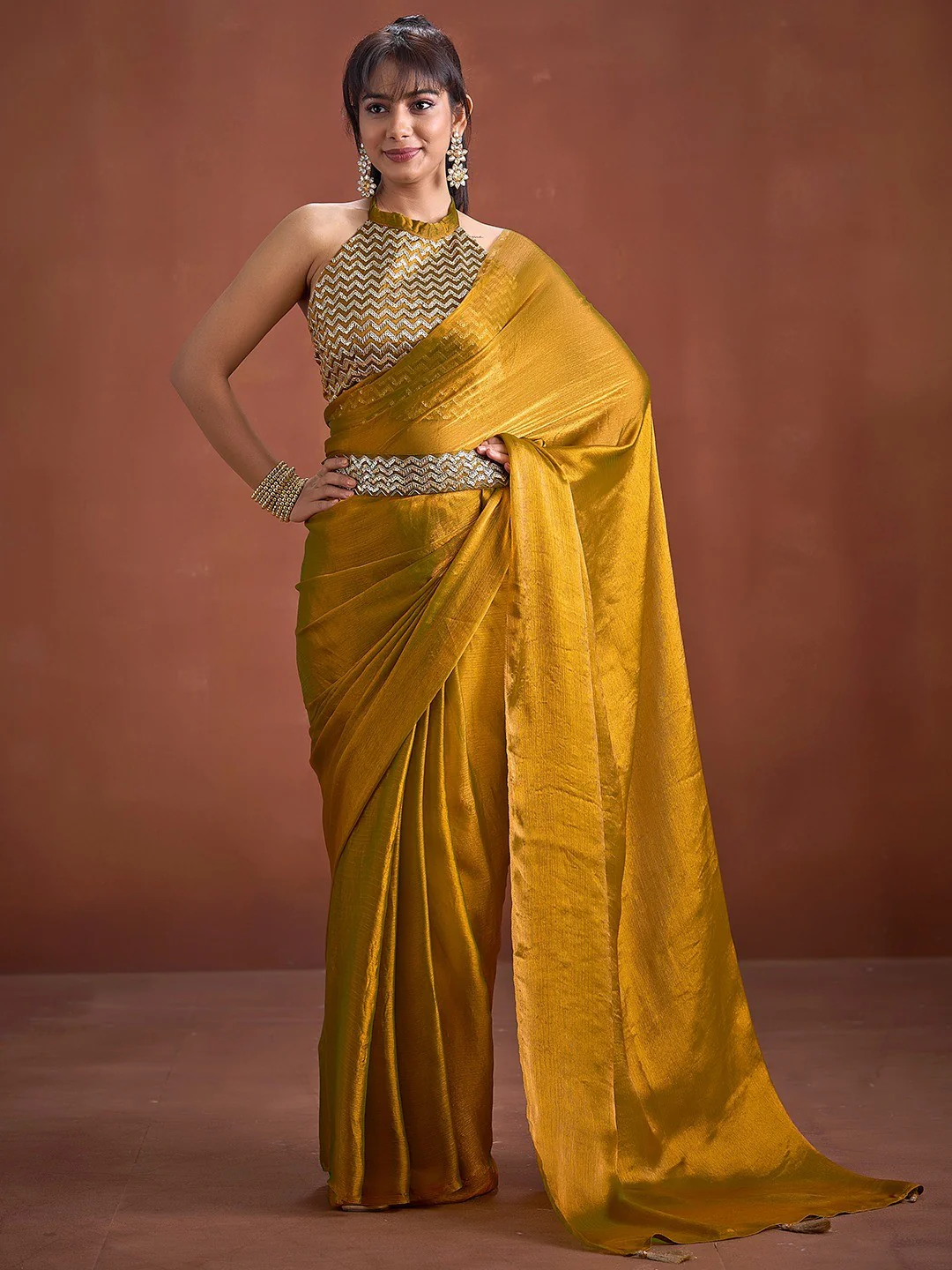 Trendy Mustard Solid Art Silk Saree With Stylish Belt & Tassel Pallu Detailing