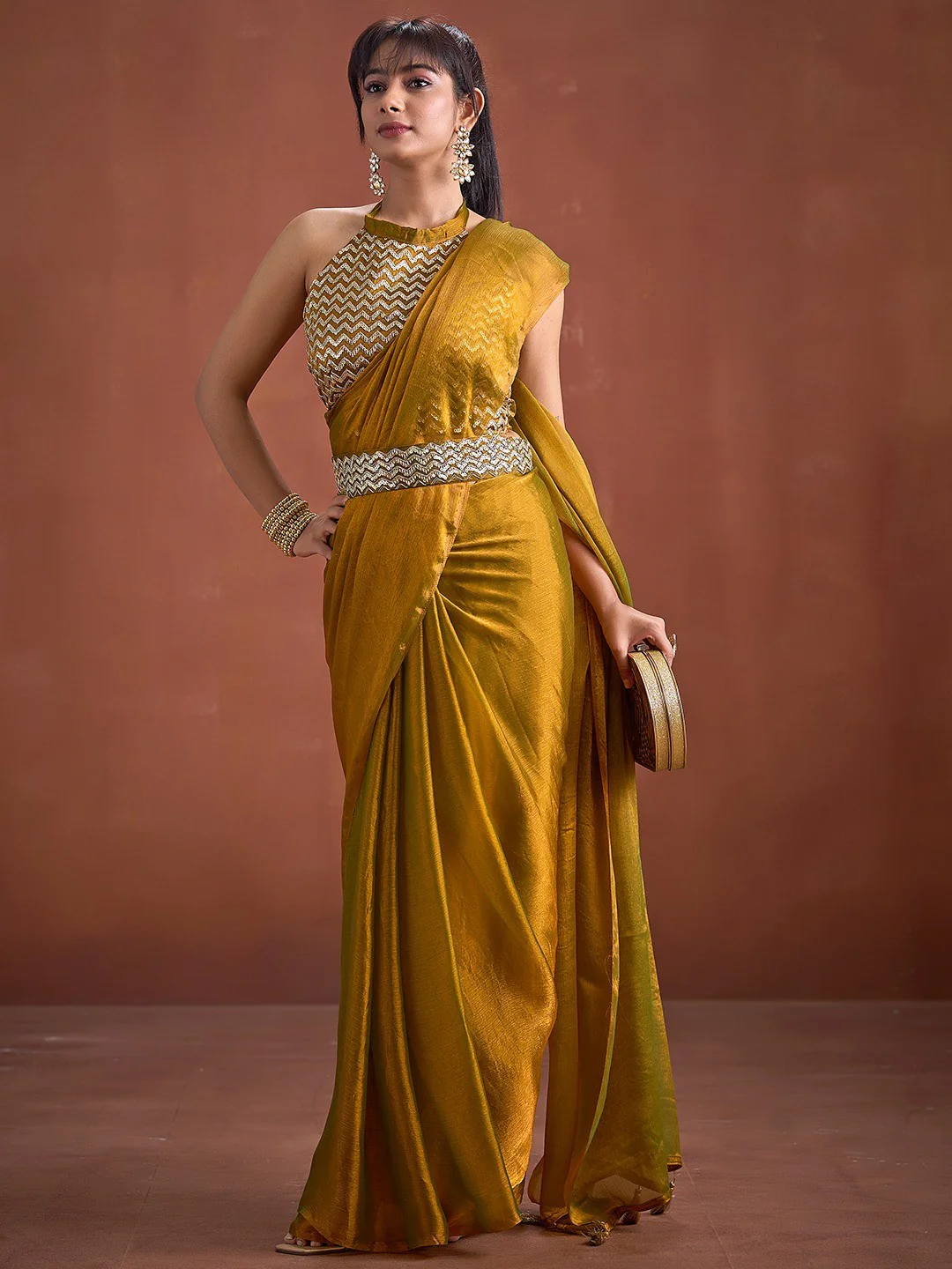 Trendy Mustard Solid Art Silk Saree With Stylish Belt & Tassel Pallu Detailing - Image 5