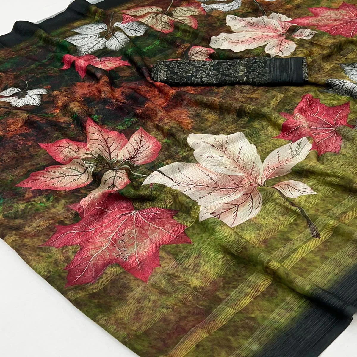 Trendy Olive Green Leaf Digital Printed Silk Blend Saree With Textured Striped Weaving - Image 2