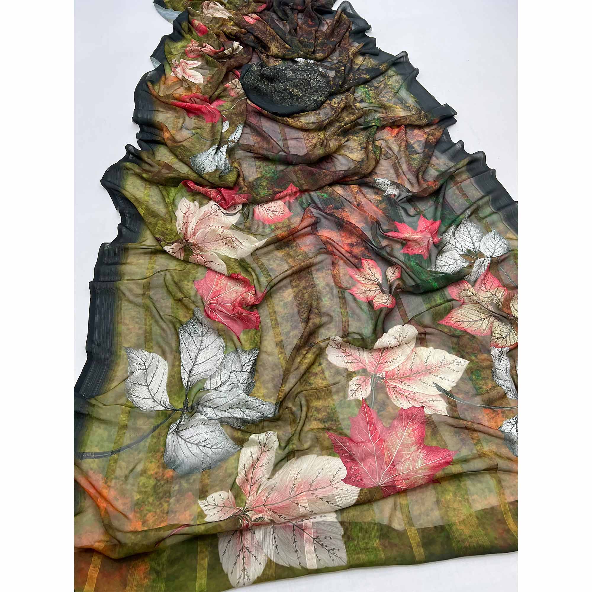 Trendy Olive Green Leaf Digital Printed Silk Blend Saree With Textured Striped Weaving - Image 3