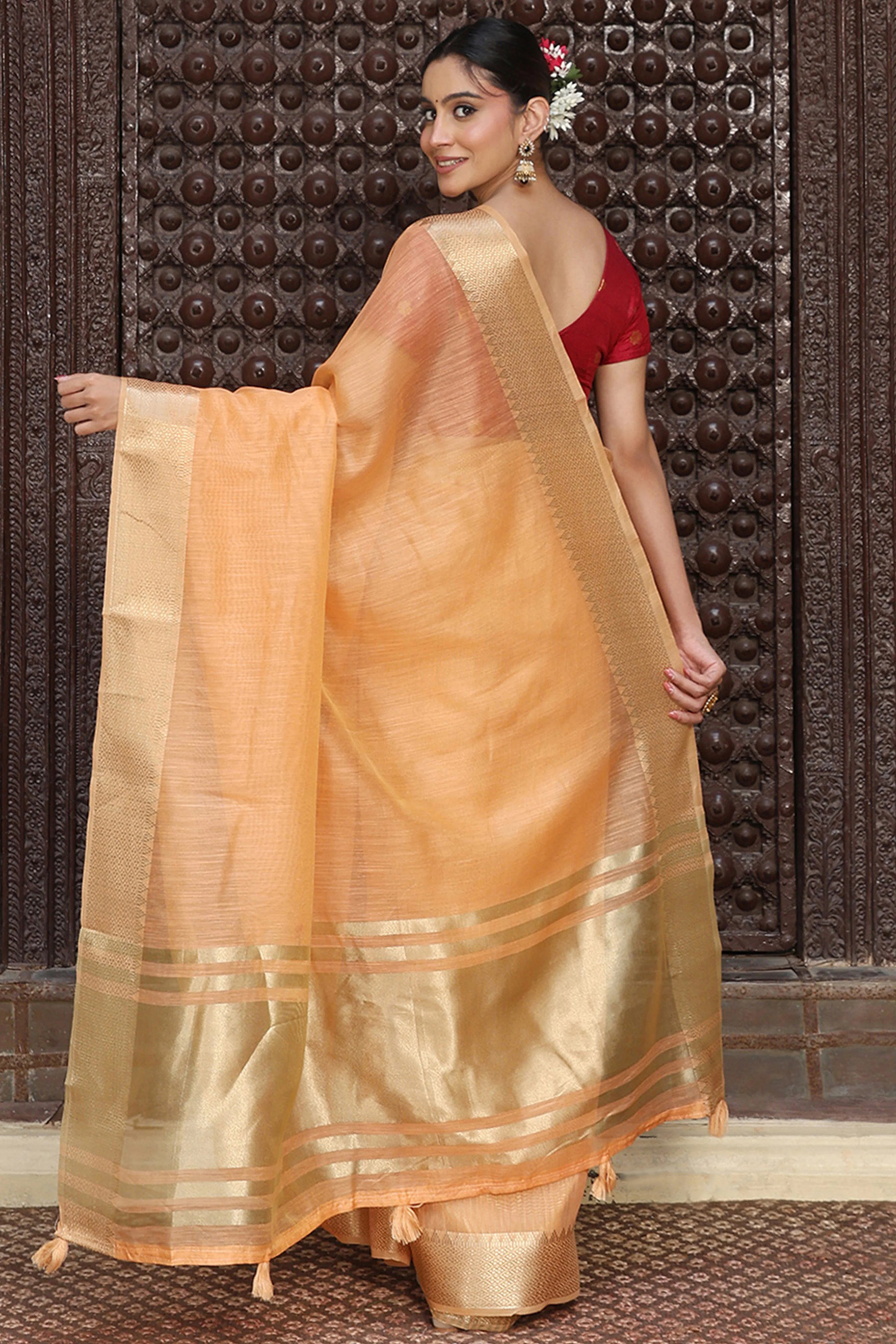 Trendy Orange Cotton Blend Saree Showcasing Elegant Zari Weaving & Tassel Border Pallu - Image 5