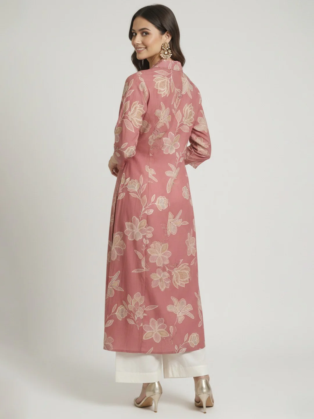 Trendy Pink Floral Printed Viscose Kurti with Formal Collared Neck Style - Image 3