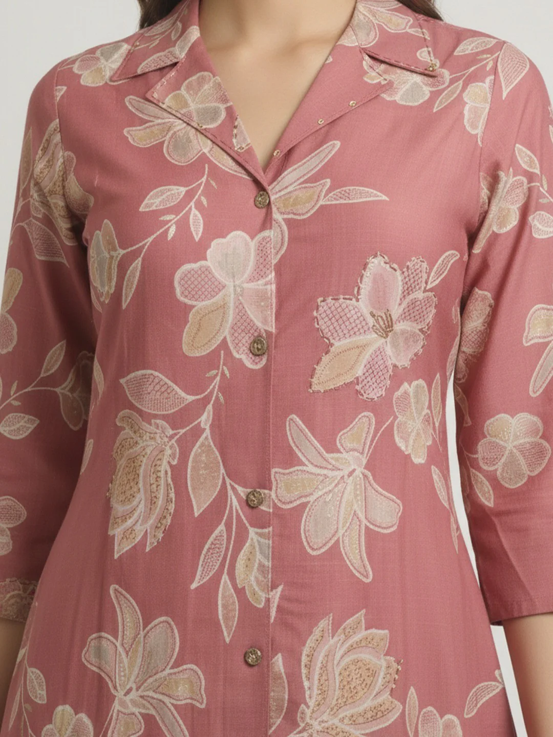 Trendy Pink Floral Printed Viscose Kurti with Formal Collared Neck Style - Image 4