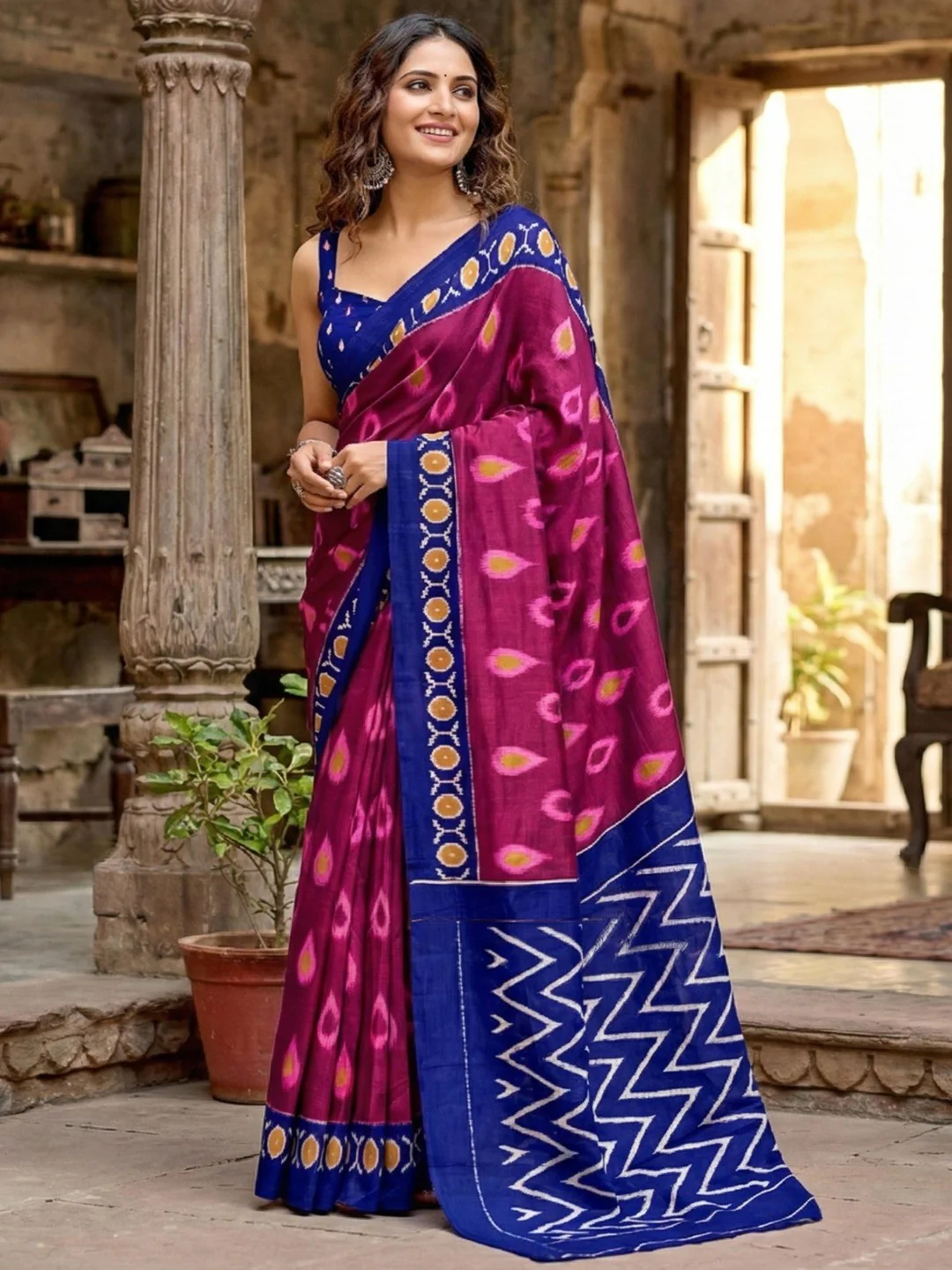 Trendy Pink Ikkat Print Mulmul Cotton Saree With Stylish Zig Zag Pattern Pallu
