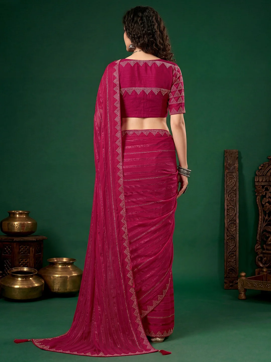 Trendy Rani Pink Chiffon Saree Embellished With Swarovski Work & Zari Stripes - Image 3