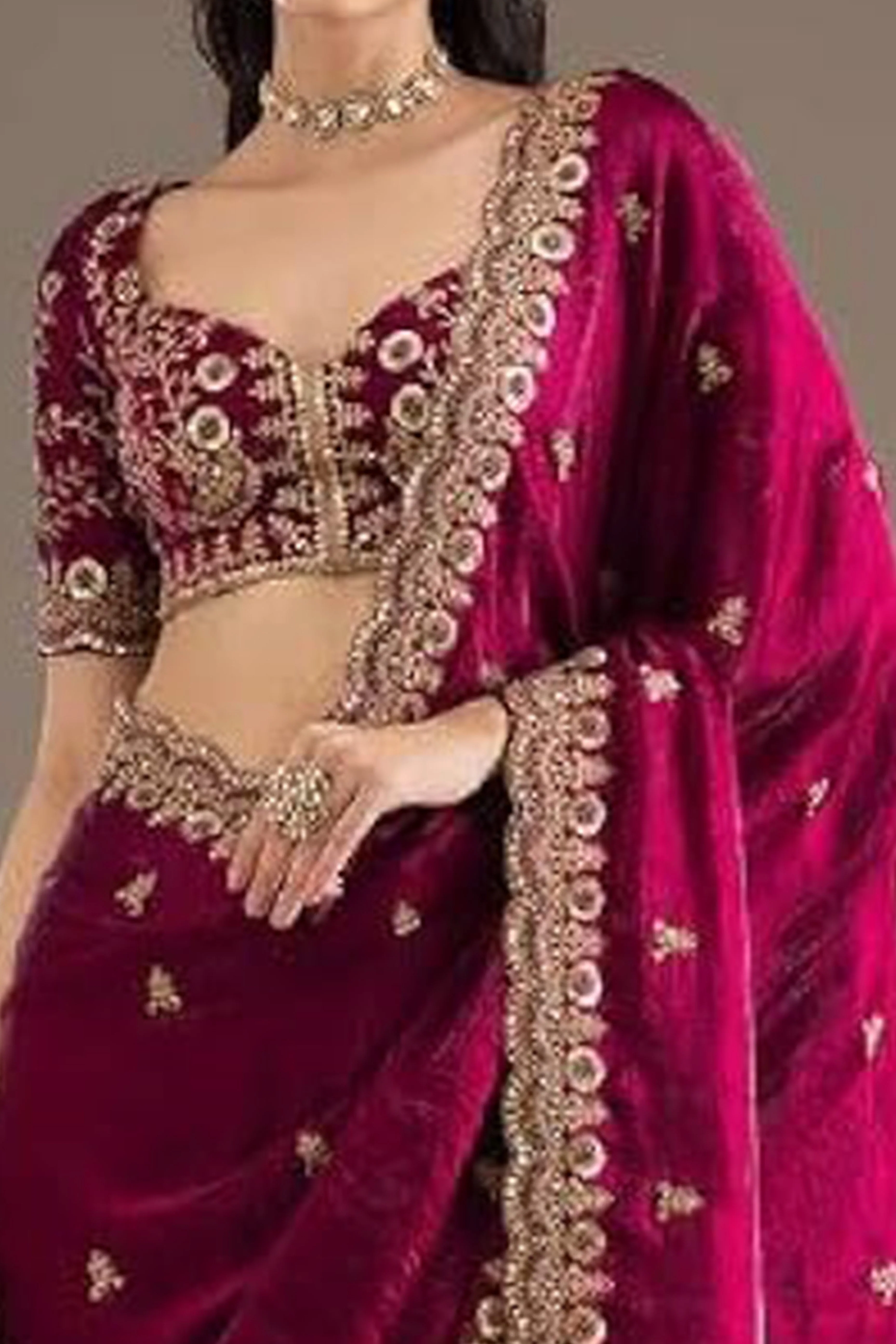 Trendy Rani Pink Fancy Satin Saree Enhanced With Rich Golden Embroidered Design - Image 2