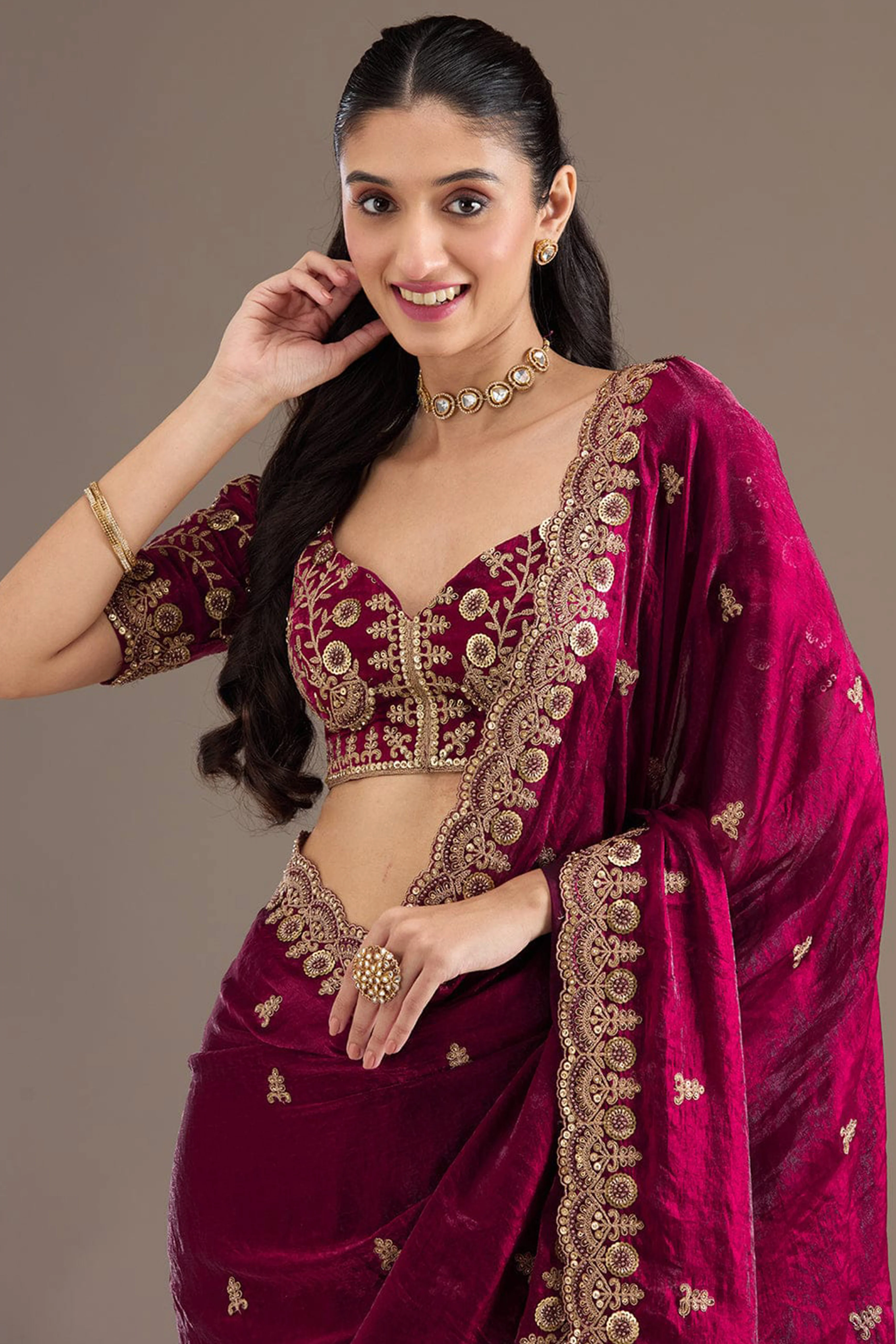 Trendy Rani Pink Fancy Satin Saree Enhanced With Rich Golden Embroidered Design - Image 3