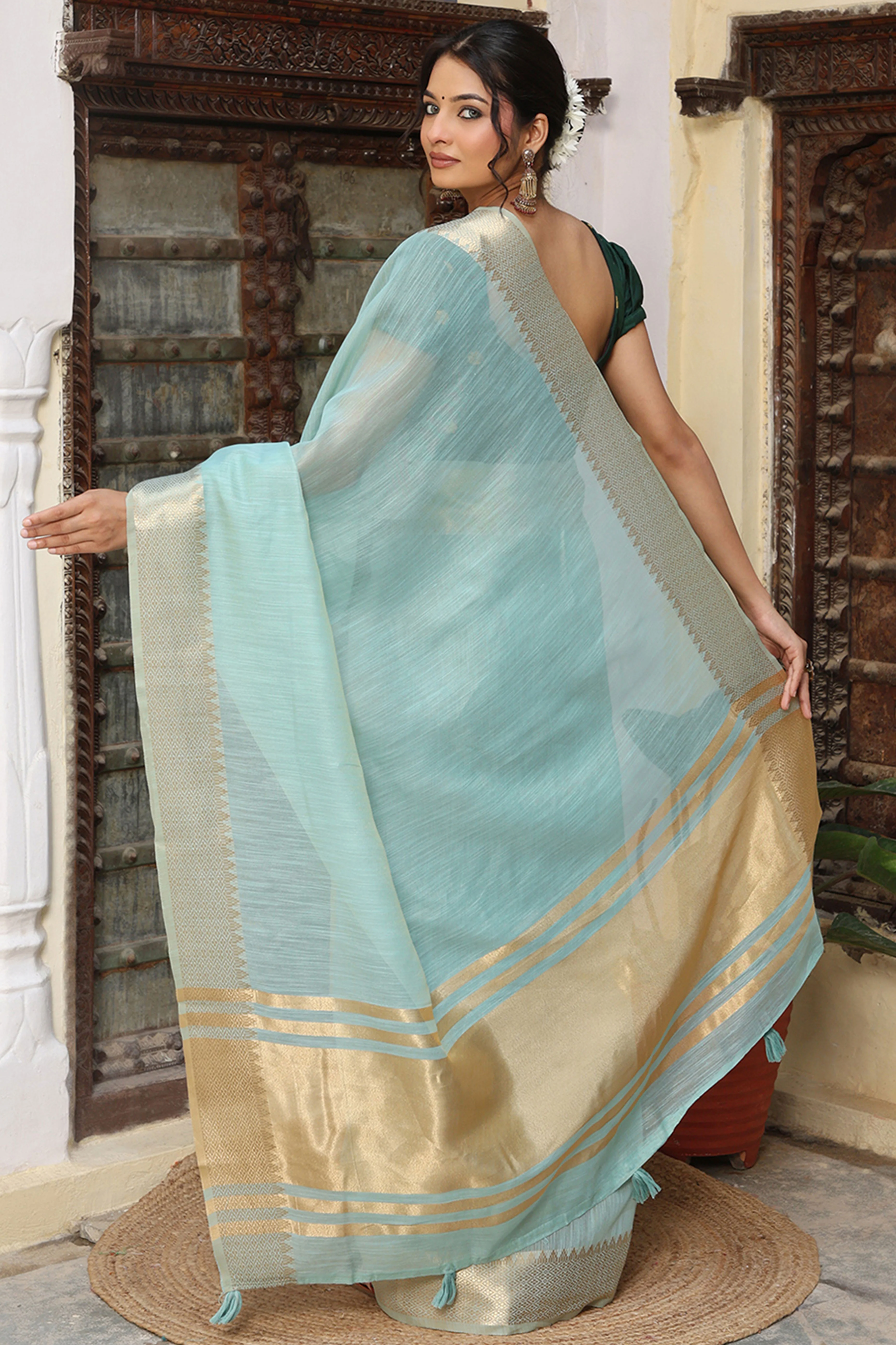 Trendy Sky Blue Cotton Blend Saree Showcasing Elegant Zari Weaving & Tassel Border Pallu - Image 5