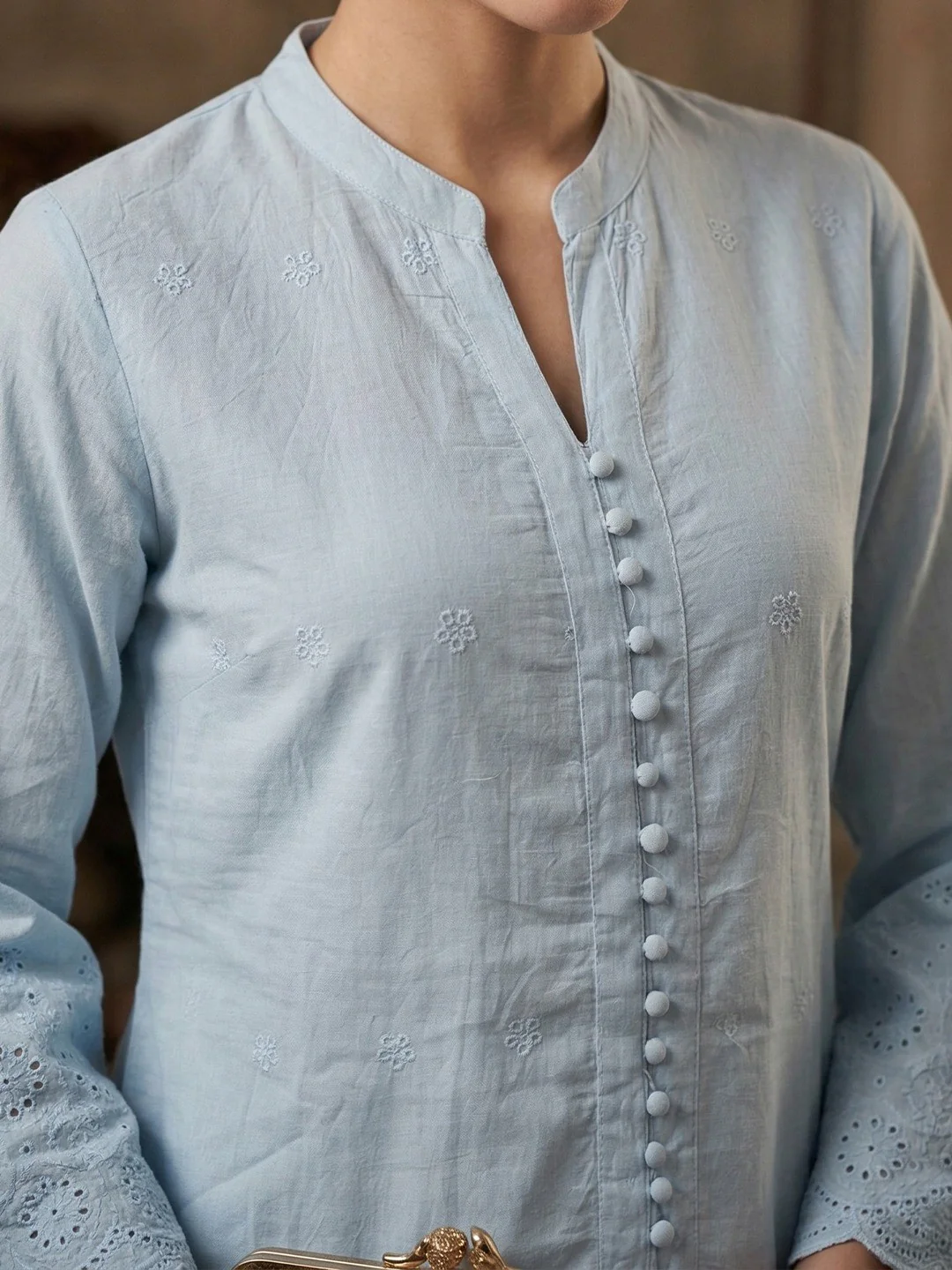 Trendy Sky Blue Pure Cotton Top and Bottom Outfit with Schiffli Pattern - Image 4