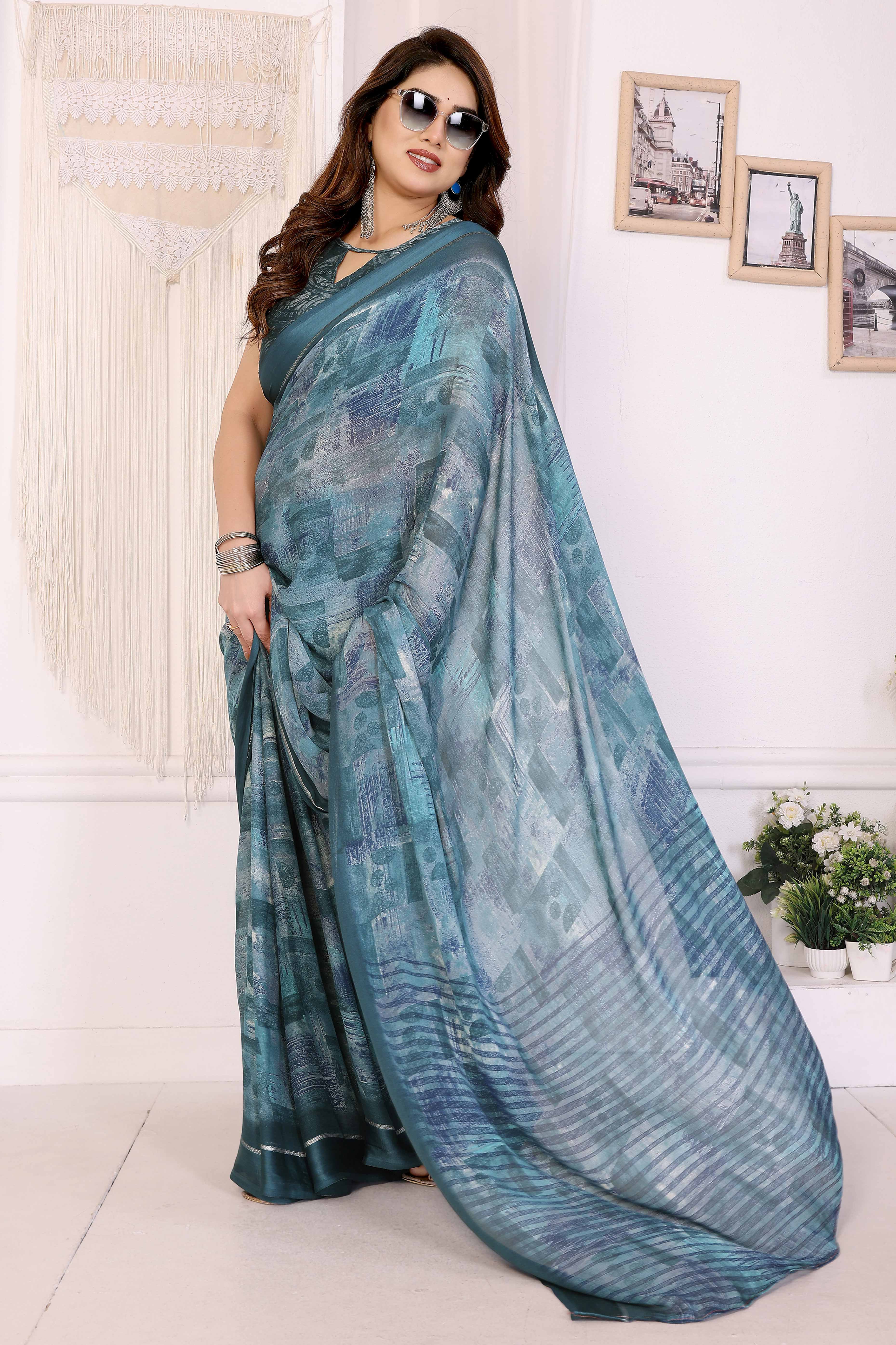 Trendy Teal Moss Crepe Saree with Floral Motifs and Satin Border - Image 6
