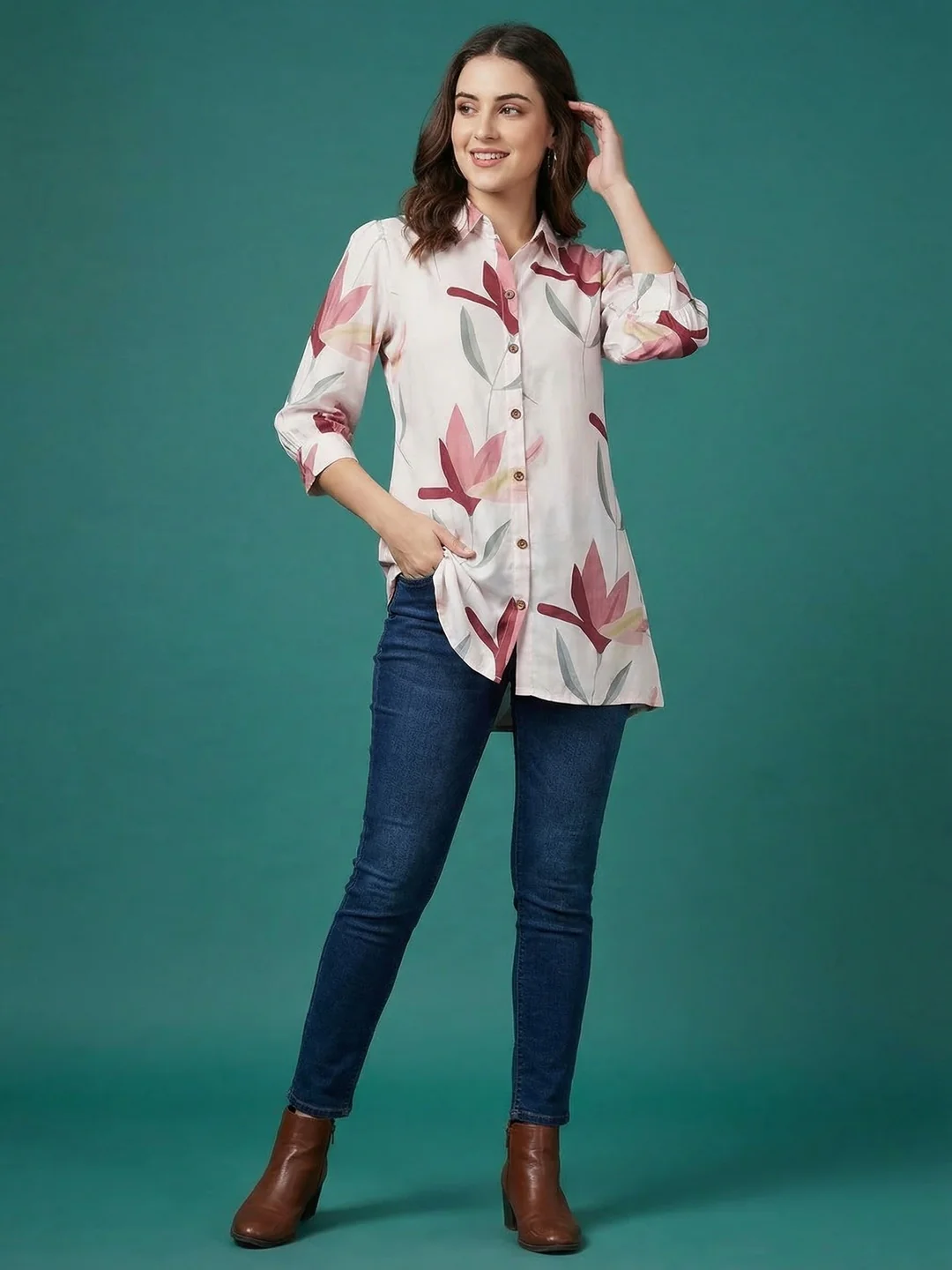 Trendy White Floral Printed Rayon A-Line Top with Flowy Silhouette - Image 3
