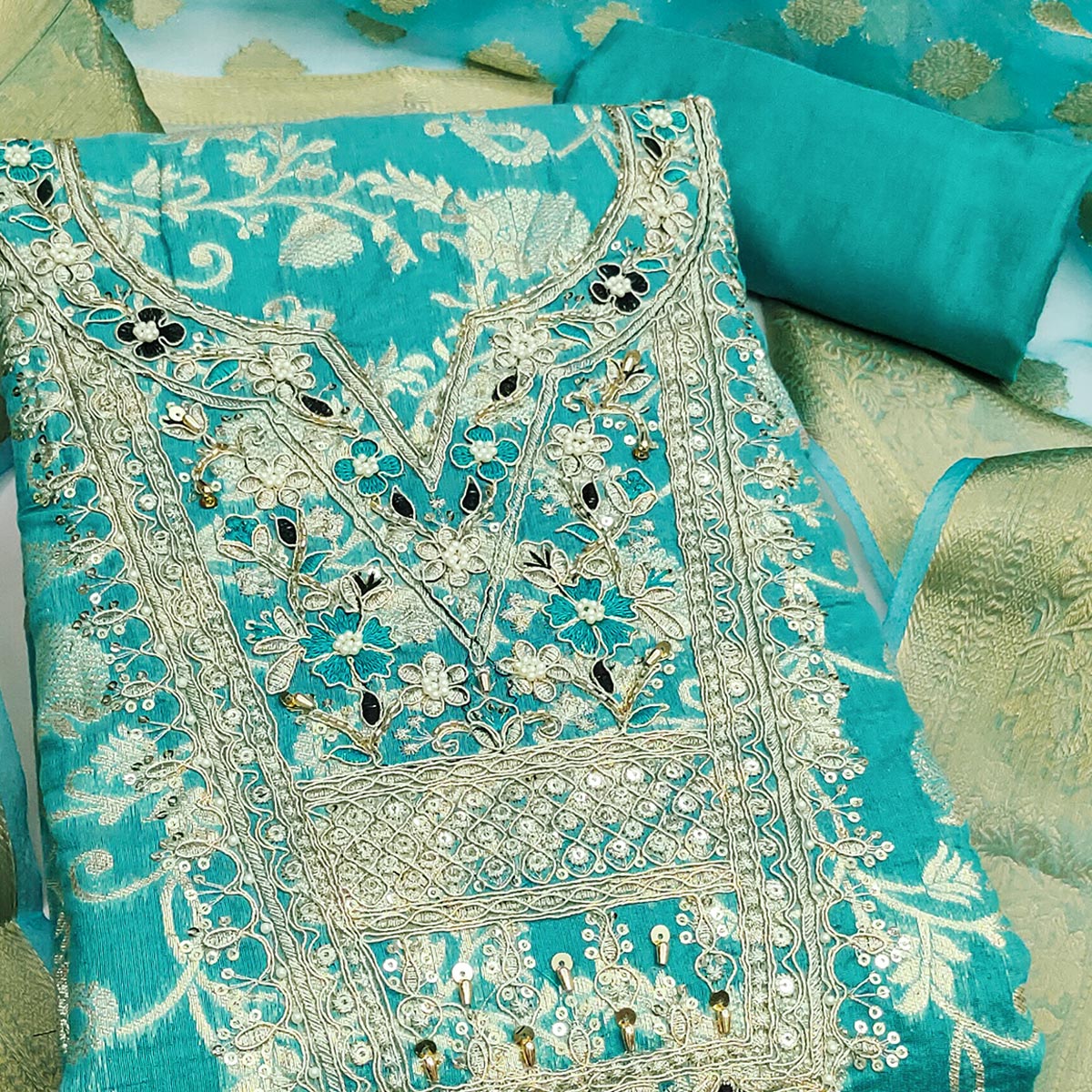 Turquoise Banarasi Silk Dress Material Featuring Floral Weaving With Cording & Sequins Embroidery - Image 2