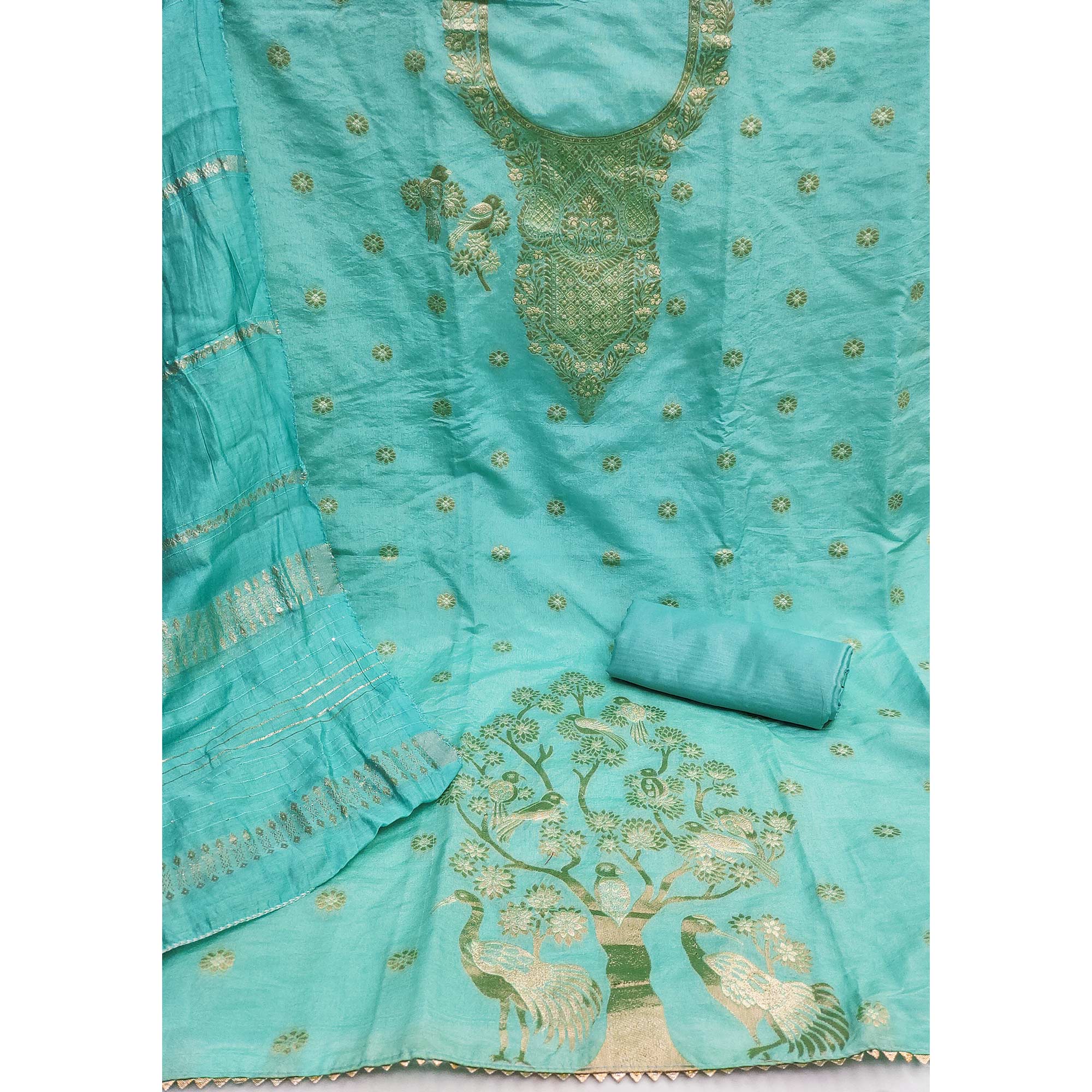 Turquoise Banarasi Silk Dress Material With Classic Zari Design - Image 2