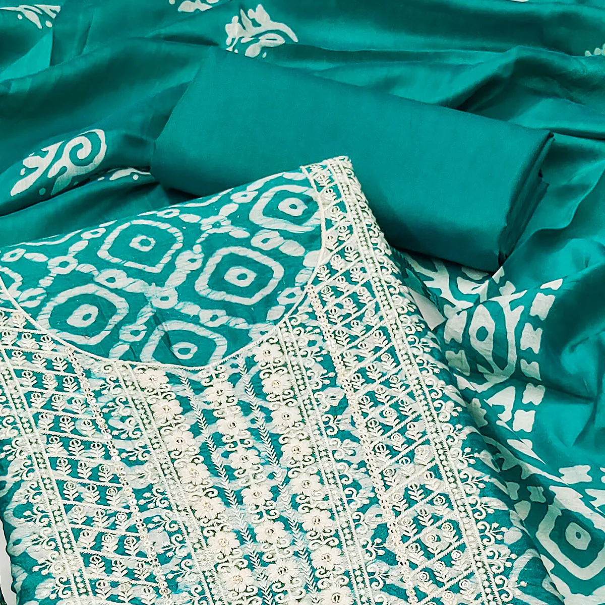 Turquoise Batik Printed With Embroidered Cotton Silk Dress Material - Image 2