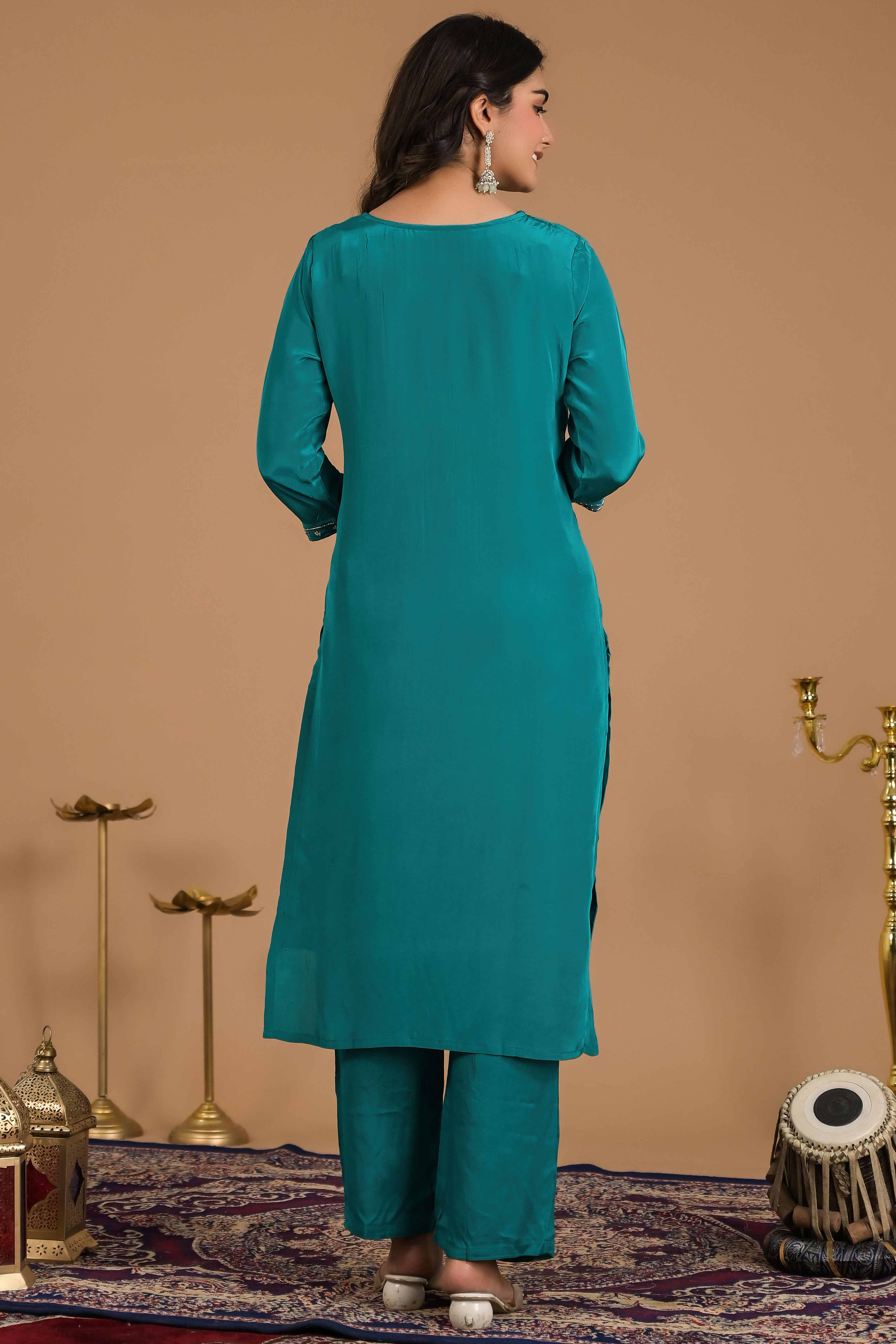 Turquoise Beads Work Embroidered Crepe Salwar Suit - Image 4