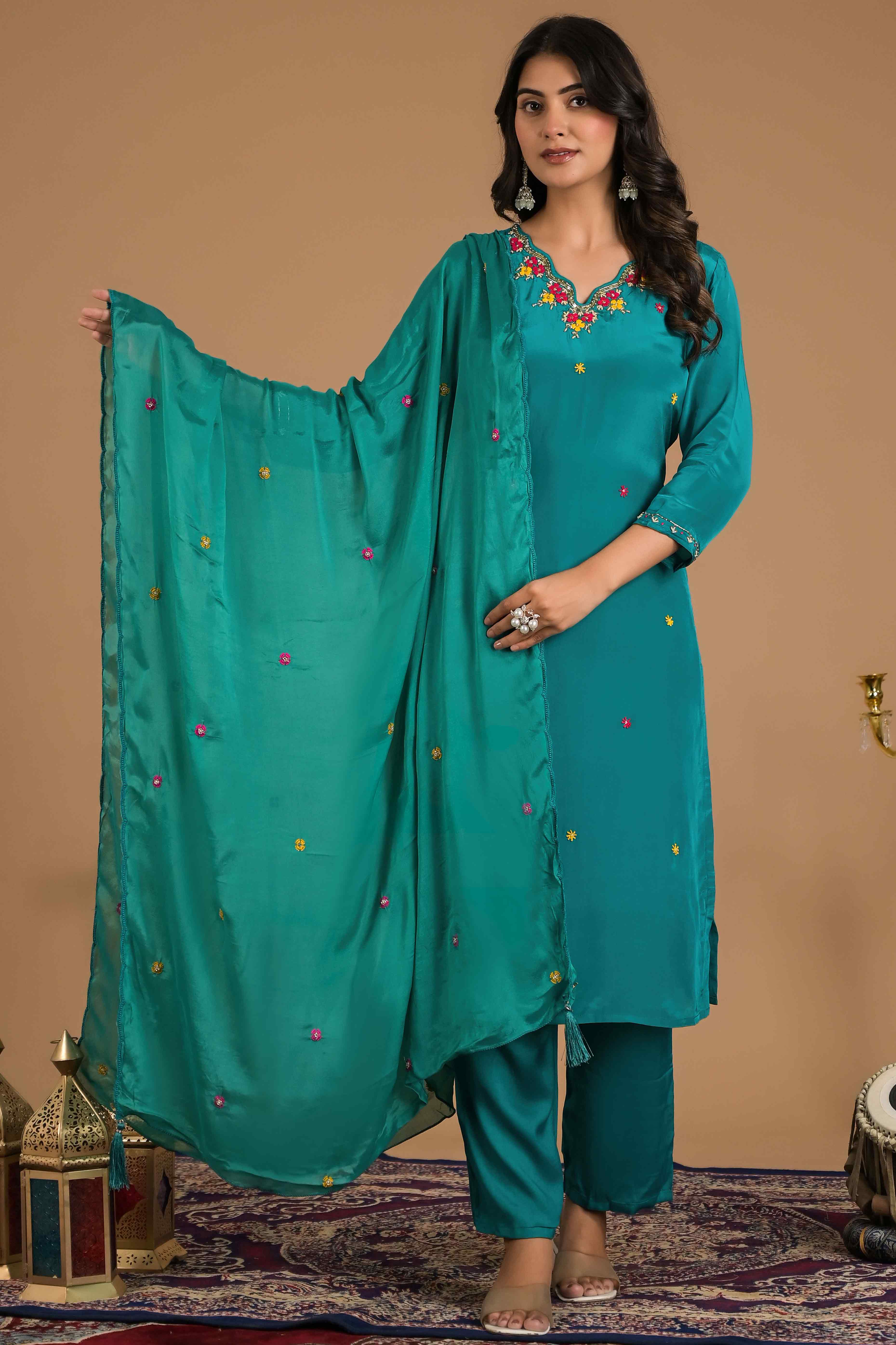 Turquoise Beads Work Embroidered Crepe Salwar Suit - Image 7